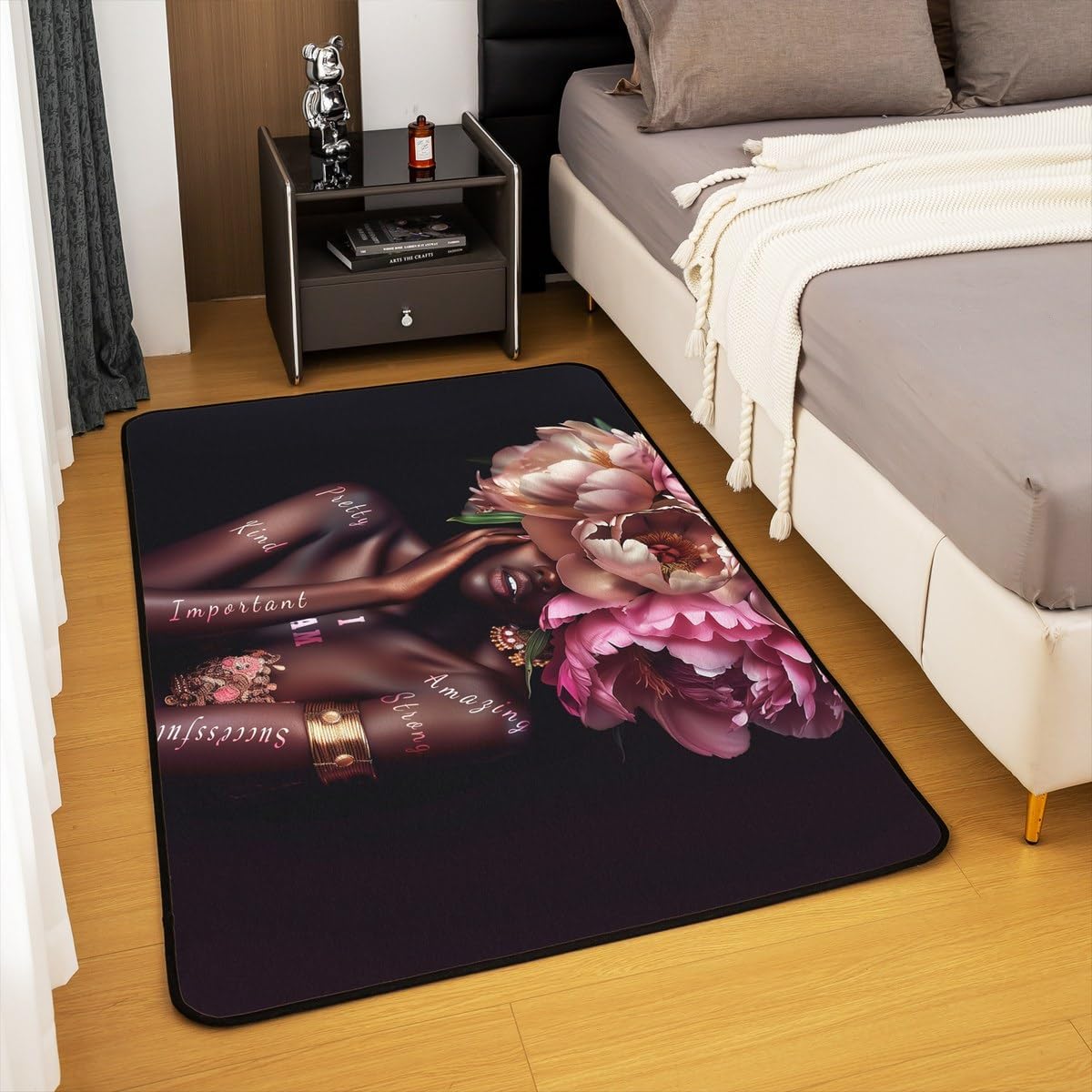 jejeloiu Black Girl Area Rug 5x7 Kids African Woman Themed Living Room Rugs for Bedroom for Boys Girls Women Pink Floral Decorative Carpet Non-Slip Fashion Indoor Floor Mat