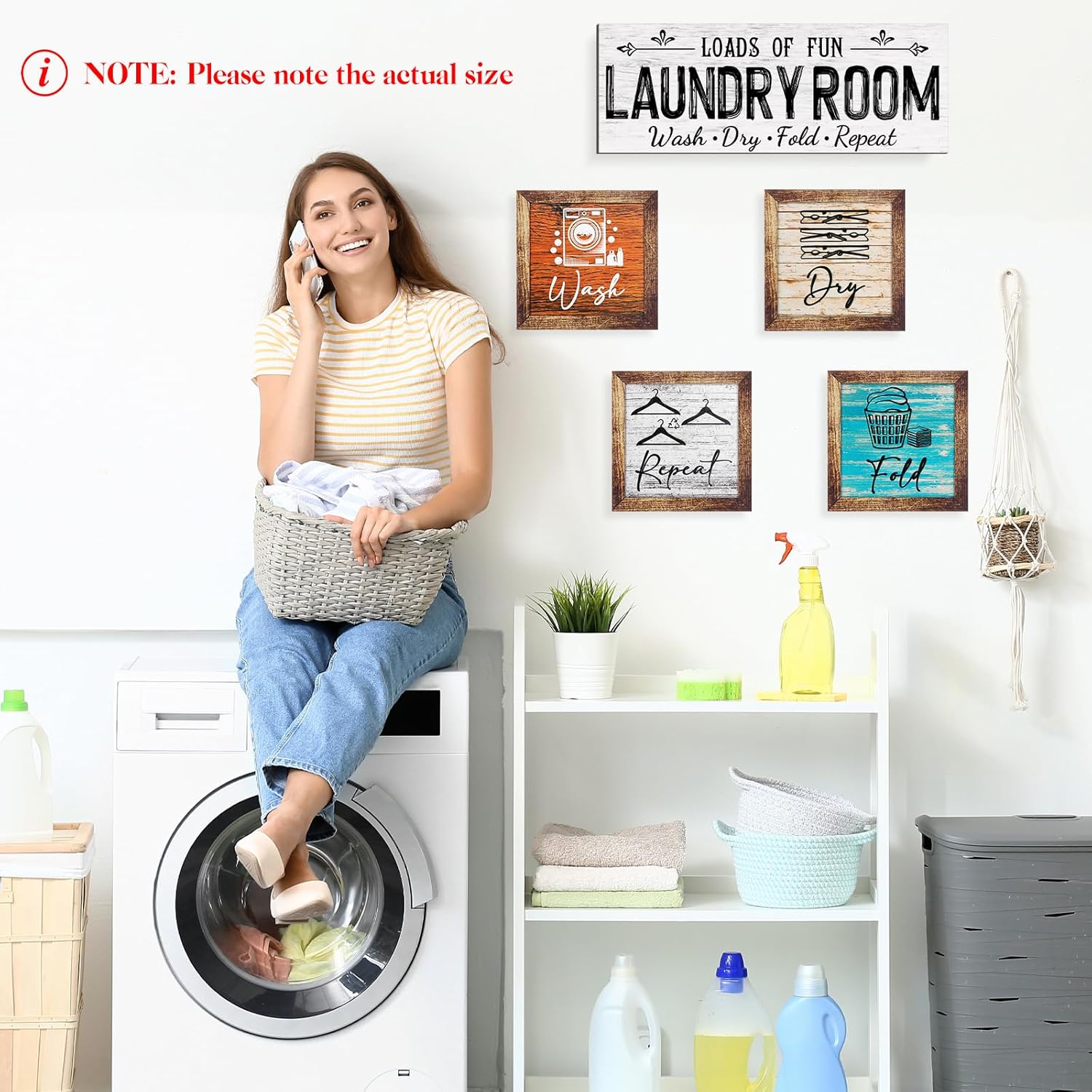 Yerliker Set of 5 Laundry Room Decor for Wall Laundry Room Sign Farmhouse Wooden 7 x 7 Inch Wash Dry Fold Repeat Signs Rustic Wall Art Decor for Bathroom Home(Retro Color, Large)