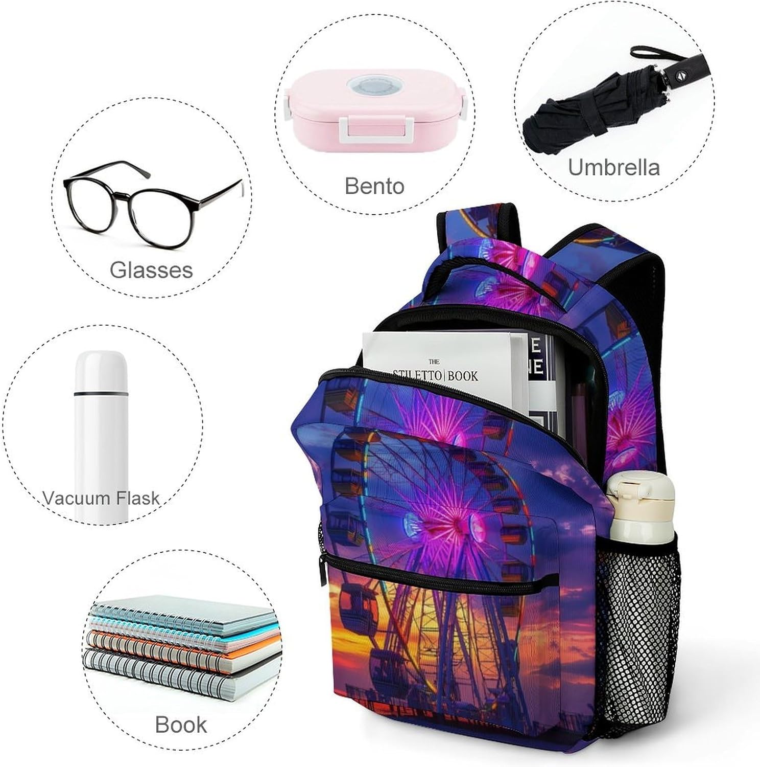Myrtle Beach South Carolina Ferris Wheel Laptop Backpack Lightweight Travel Daypack Shoulder Bag for Men Women