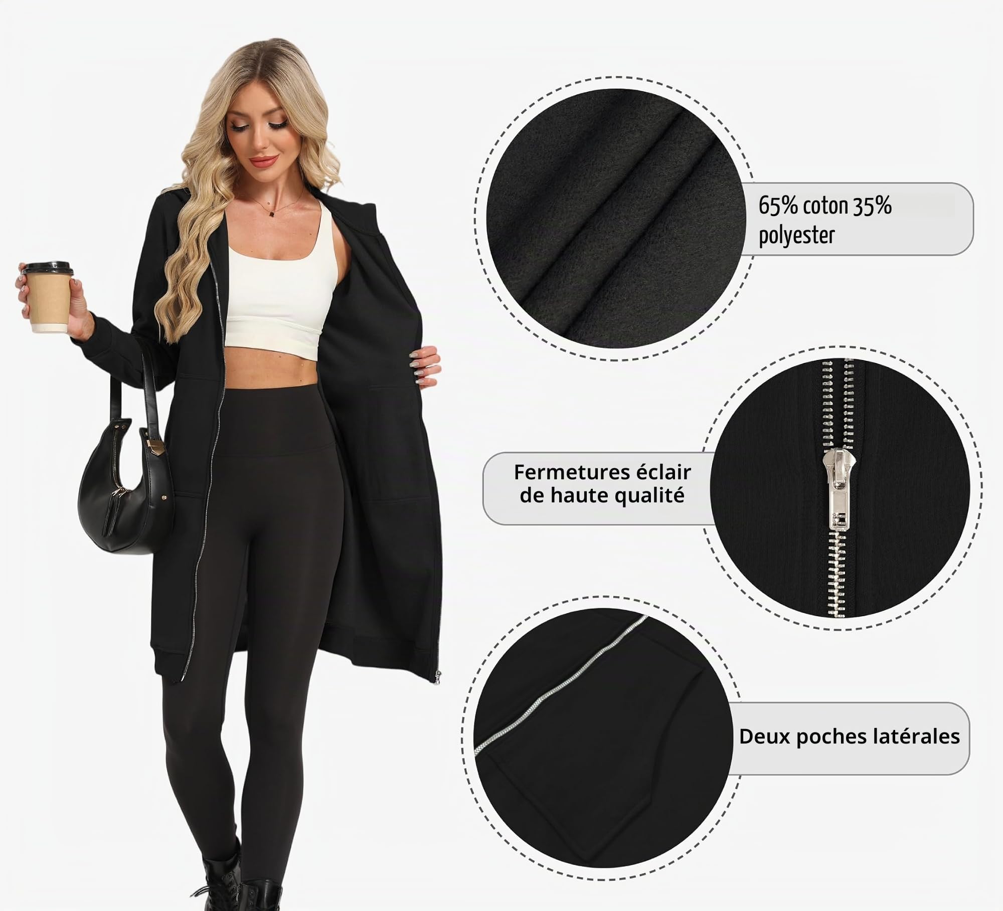 Timuspo Veste à capuche longue pour femme - Douce et ample - Couleur unie - Fermeture éclair - Sweat à capuche surdimensionné et chaud - Avec poches