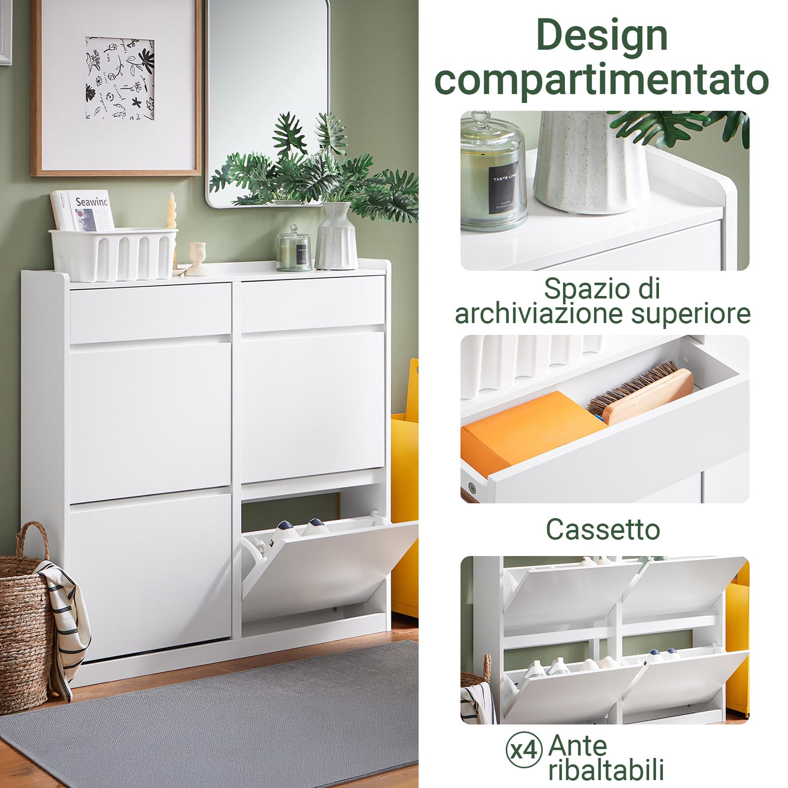SoBuy Scarpiera Salvaspazio con 4 Ante Ribaltabili e 2 Cassetti, Grande Capacità, Mobile Scarpiera per Ingresso e Corridoio, Ideale per Piccoli Appartamenti - Design Moderno, 98x19x95cm – FSR169-W