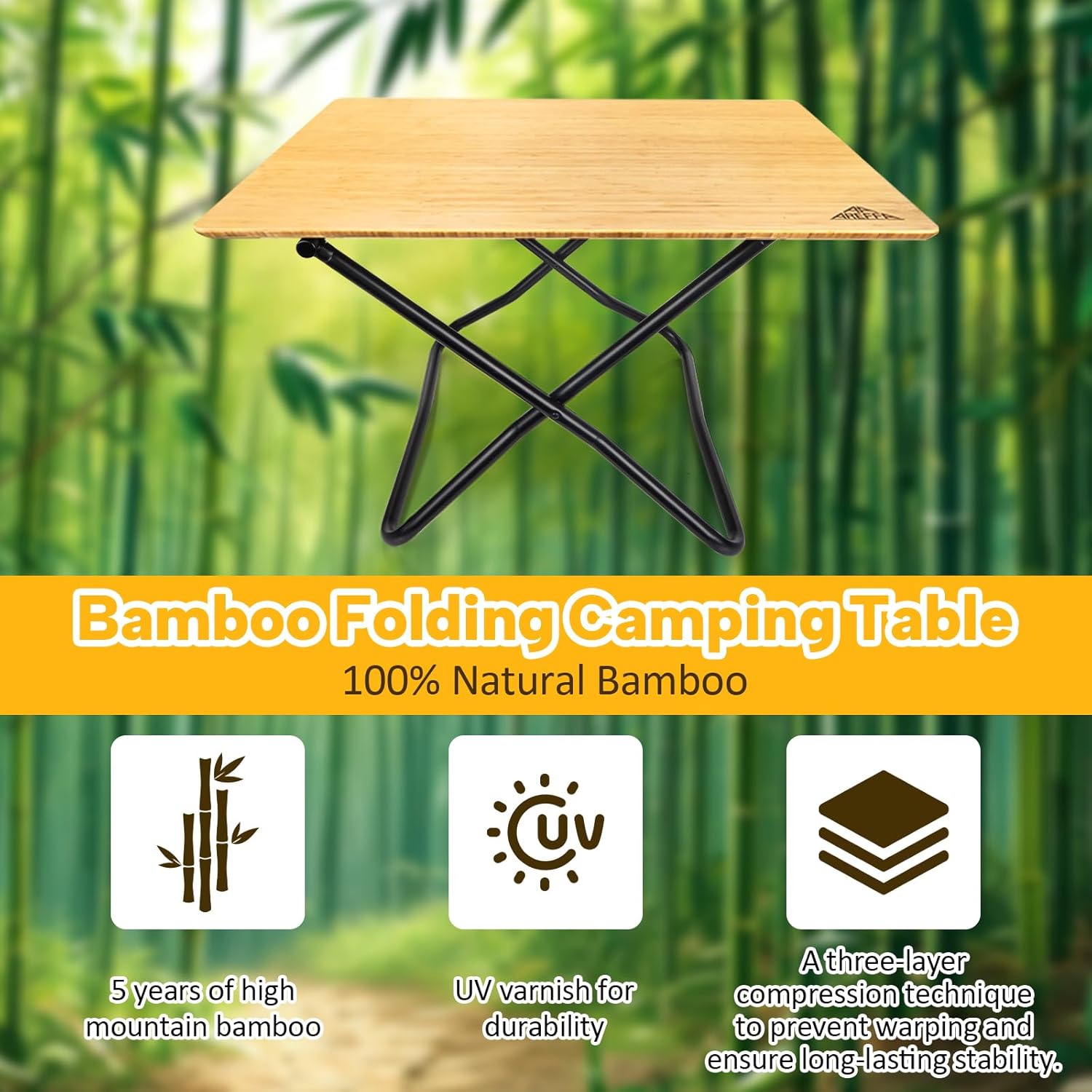 AREFFA Folding Bamboo Camping Table, Portable Outdoor Picnic Table with Aluminum Frame, Foldable Lightweight Camp Kitchen Table for BBQ, Hiking, RV, Beach, Easy Setup, 110lbs Load Capacity