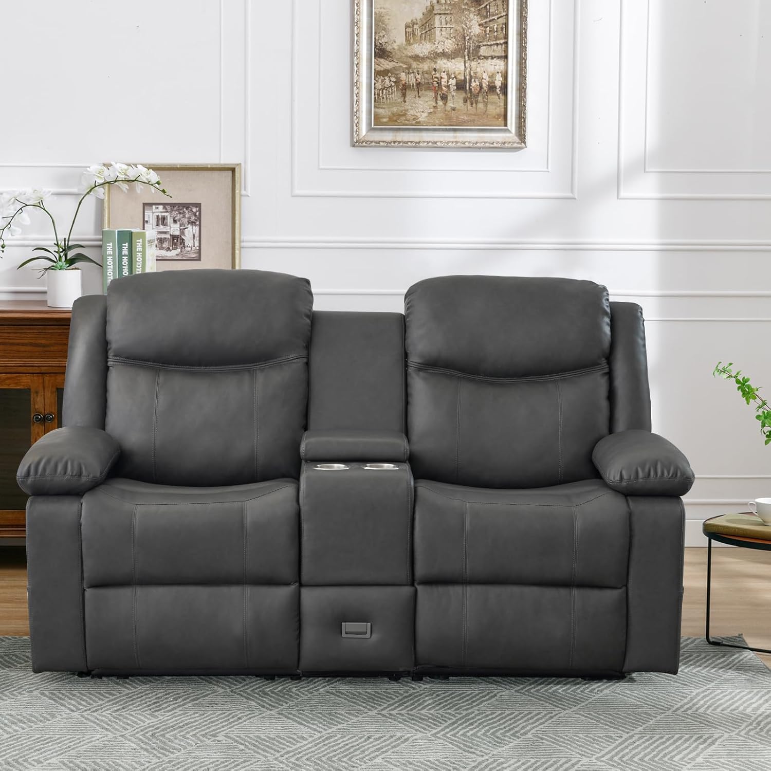 Loveseat Recliner, Reclining Sofa with Console, Double Reclining Couch, 2 Seater Manual Massage Couch for Living Room, Office, Home Theater(PU-Grey)