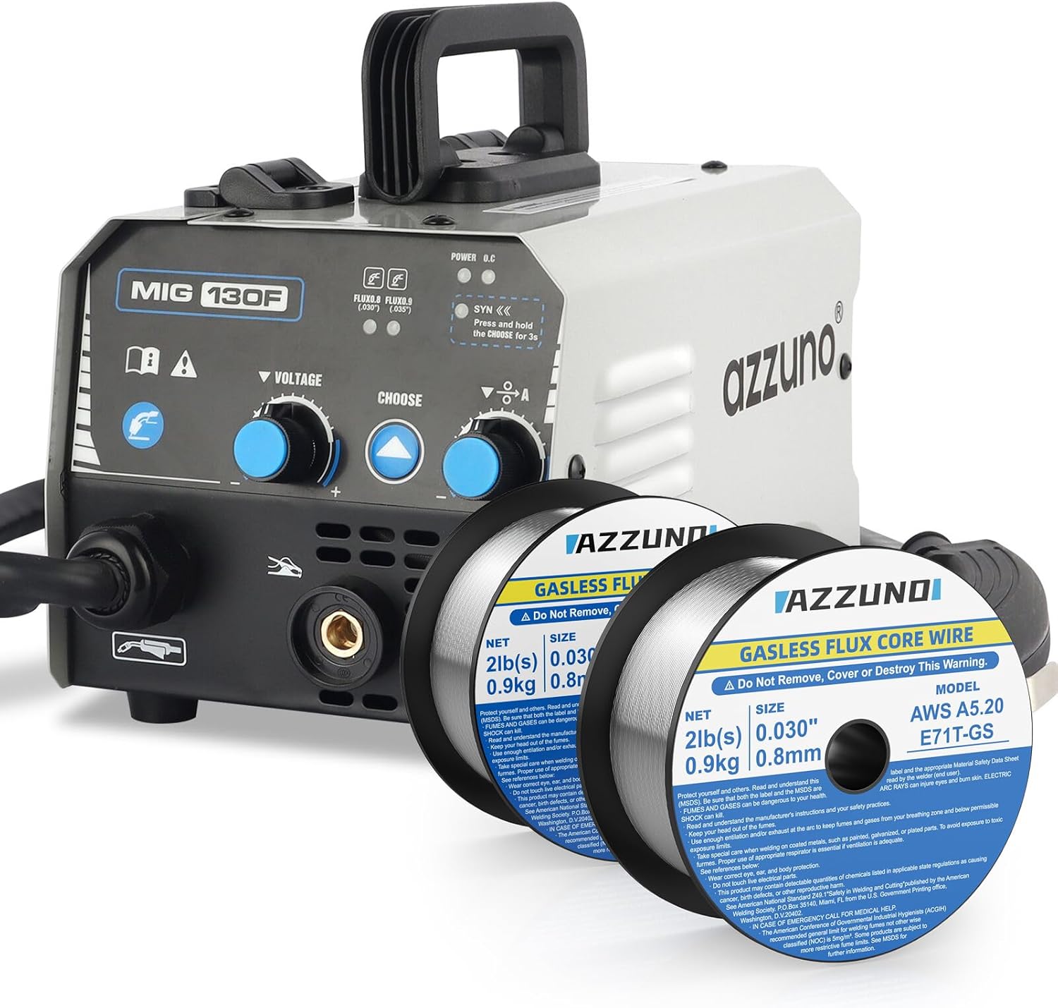 AZZUNO 130A MIG Welder & .030" 2LBS 2-Pack Flux Core Mig Welding Wire, 110V Gasless MIG Welding Machine, Portable Wire Feed MIG Welder Machine