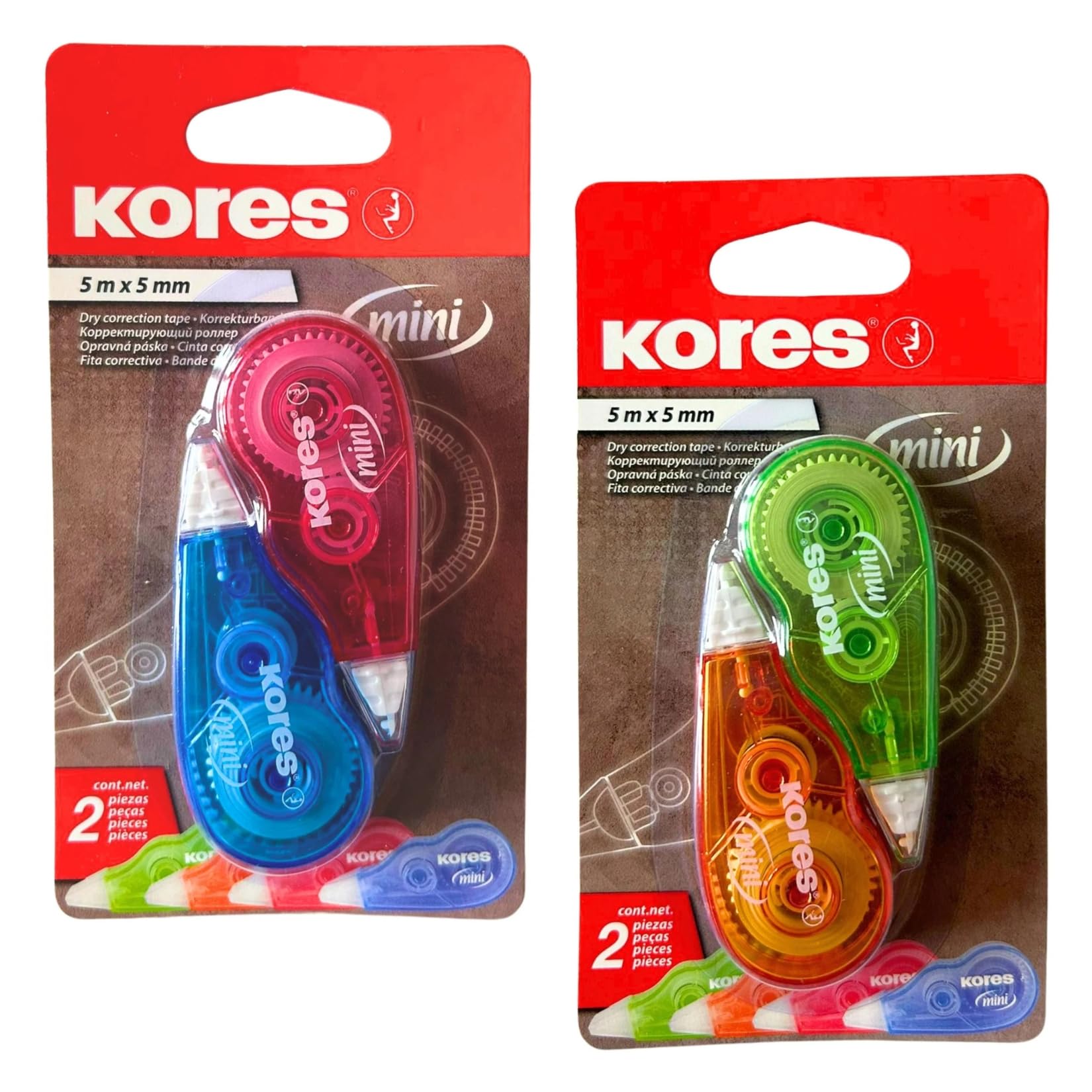Kores Mini Roller Correttore a Nastro 5m x 5mm, Confezione da 2, Bianchetto Asciutto per Scuola e Ufficio