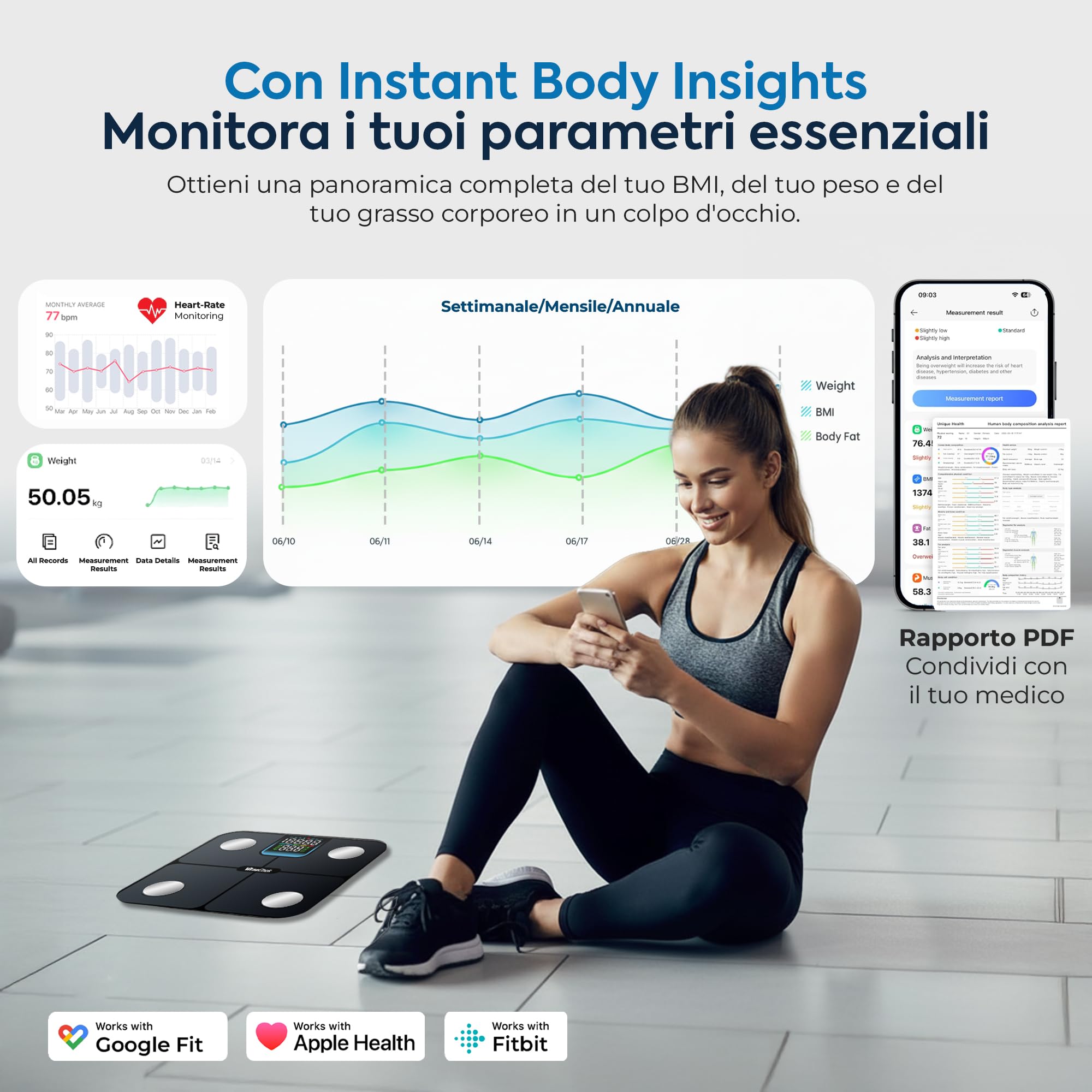 Bilancia Pesapersone Digitale Intelligente 180Kg Bluetooth con App, Impedenziometrica Professionale con Elettrodi in Acciaio Inossidabile, Display LED e 25 Indicatori Corporei