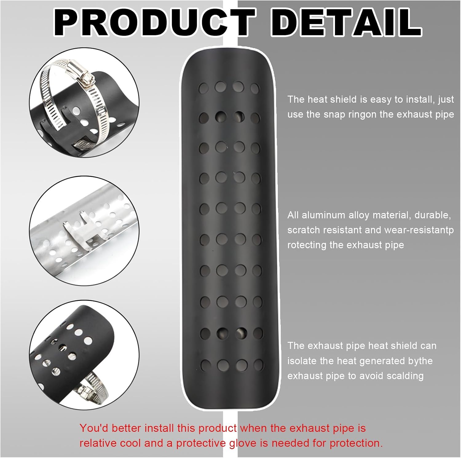 Wevdn Motorcycle Heat Shield, Aluminum Motorbike Pipe Heat Exhaust Heat Shield, Pipe Heat Shield Cover Guard Protector with 2 Stainless Steel Clamps, Motorcycle Accessories (Black)