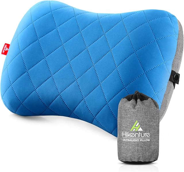 HIKENTURE nadmuchiwana poduszka kempingowa/podróżna ze zdejmowaną poszewką na poduszkę, ergonomiczna poduszka pod głowę, wygodna poduszka na kark do podróży / na zewnątrz (niebieska), rozmiar uniwersalny