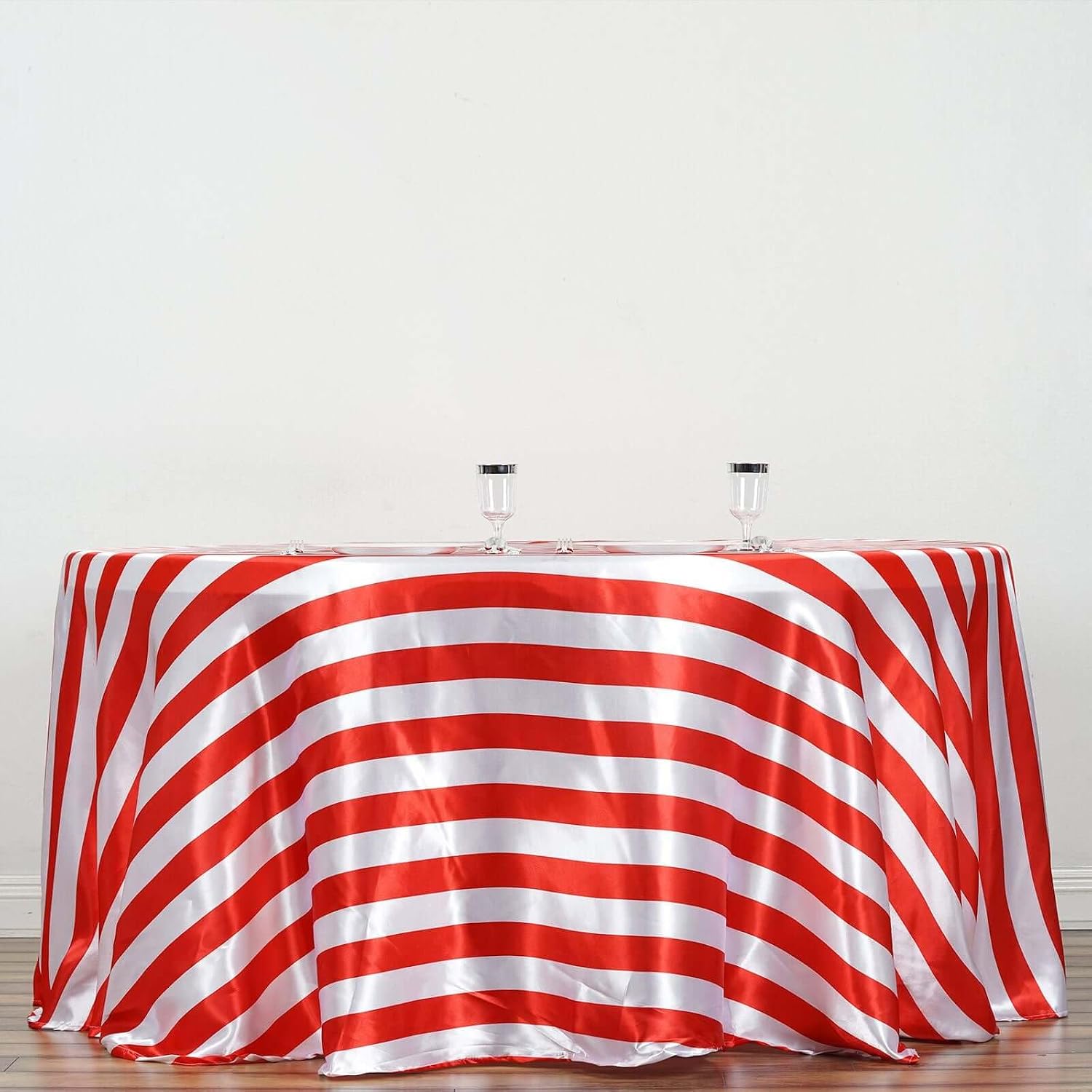 Efavormart 120" Red & White Stripe Satin Round Tablecloth Seamless Tablecloths for Wedding Party Event Decoration