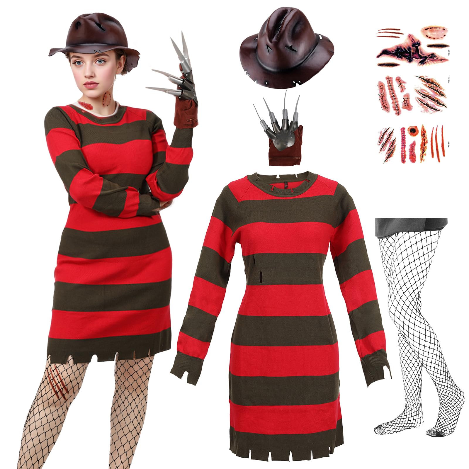AENEY 7PCS Women Freddy Freddy Costume Sweater Killer Dress Striped Jumper with Hat Gloves Tattoo Stickers Halloween Cosplay (Small)