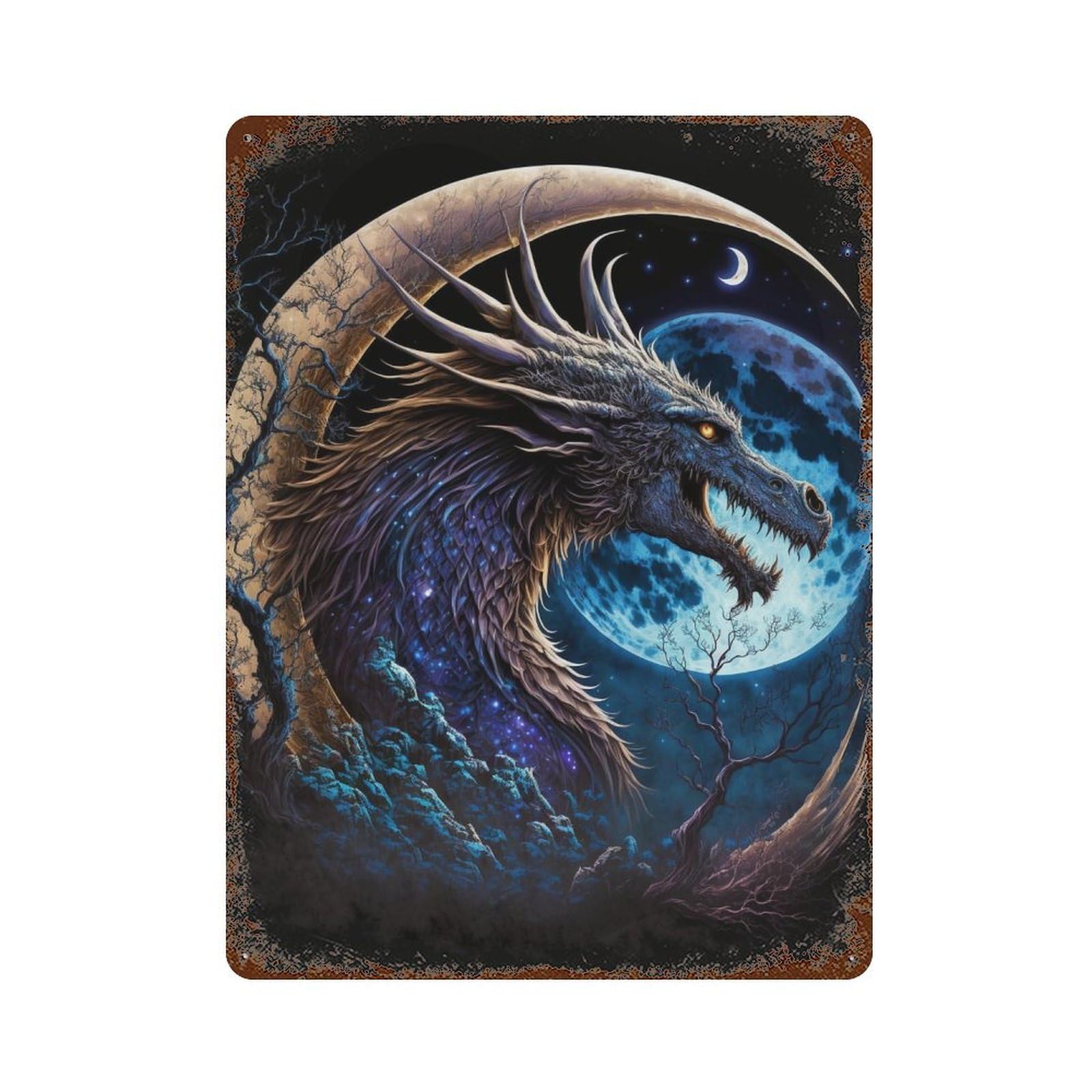 Fantasy Dragon Moon Art Print Retro Metal Sign 15.7"x11.8", Decorative Metal Wall Art for Basement, Hobby Room And Garage Decor