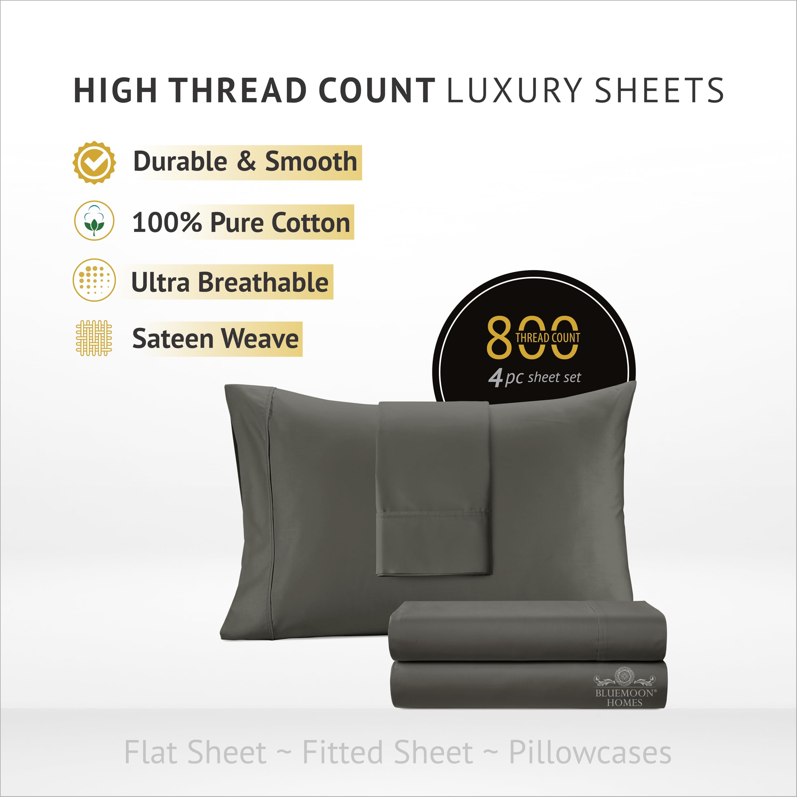 Linen Twin Sheets 800 TC 100% Egyptian Cotton Sheets - Extra Long-Staple Cotton 4 Piece Bed Sheets for Kids & Adults, Fits Mattress Upto 16'' Deep Pocket, Sateen Weave, Soft Cotton Set (Elephant Grey)