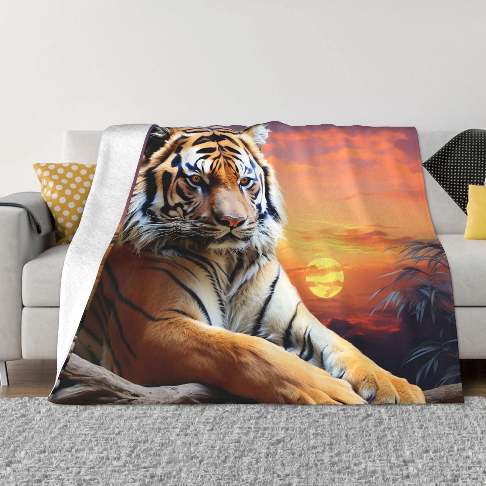 Fodpand Black Tiger Colorful Sunset Flannel Blanket 50"X40" - Ultra-Soft Lightweight Throw Blanket For Bed, Sofa, And Couch - Luxury Air Conditioning Blankets - Cozy Warm Blankets For All Seasons
