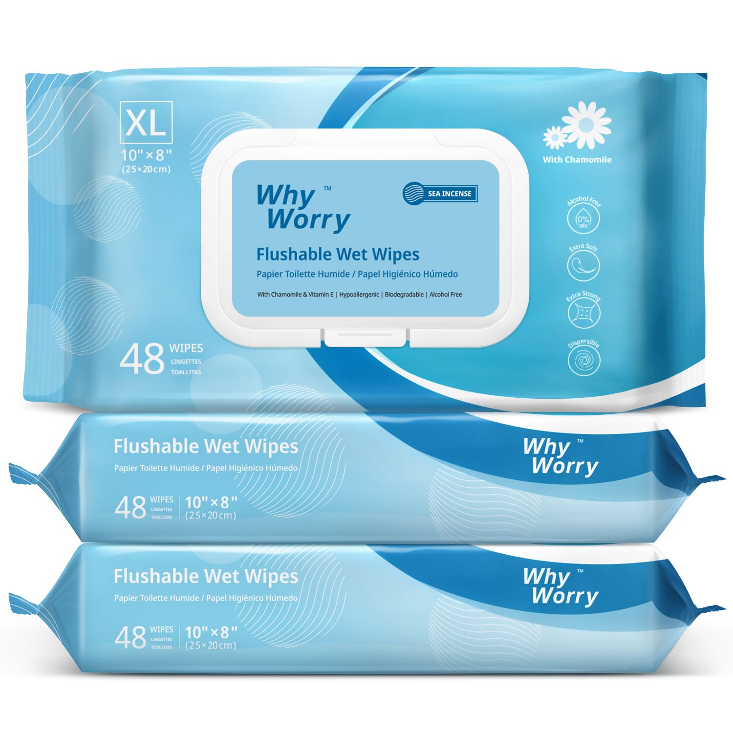WhyWorry Flushable Wipes for Adults, Extra Large 8"x10" Butt Wipes for Toilet & Personal Cleansing, Chamomile and Vitamin E, 100% Plant-Based, Septic