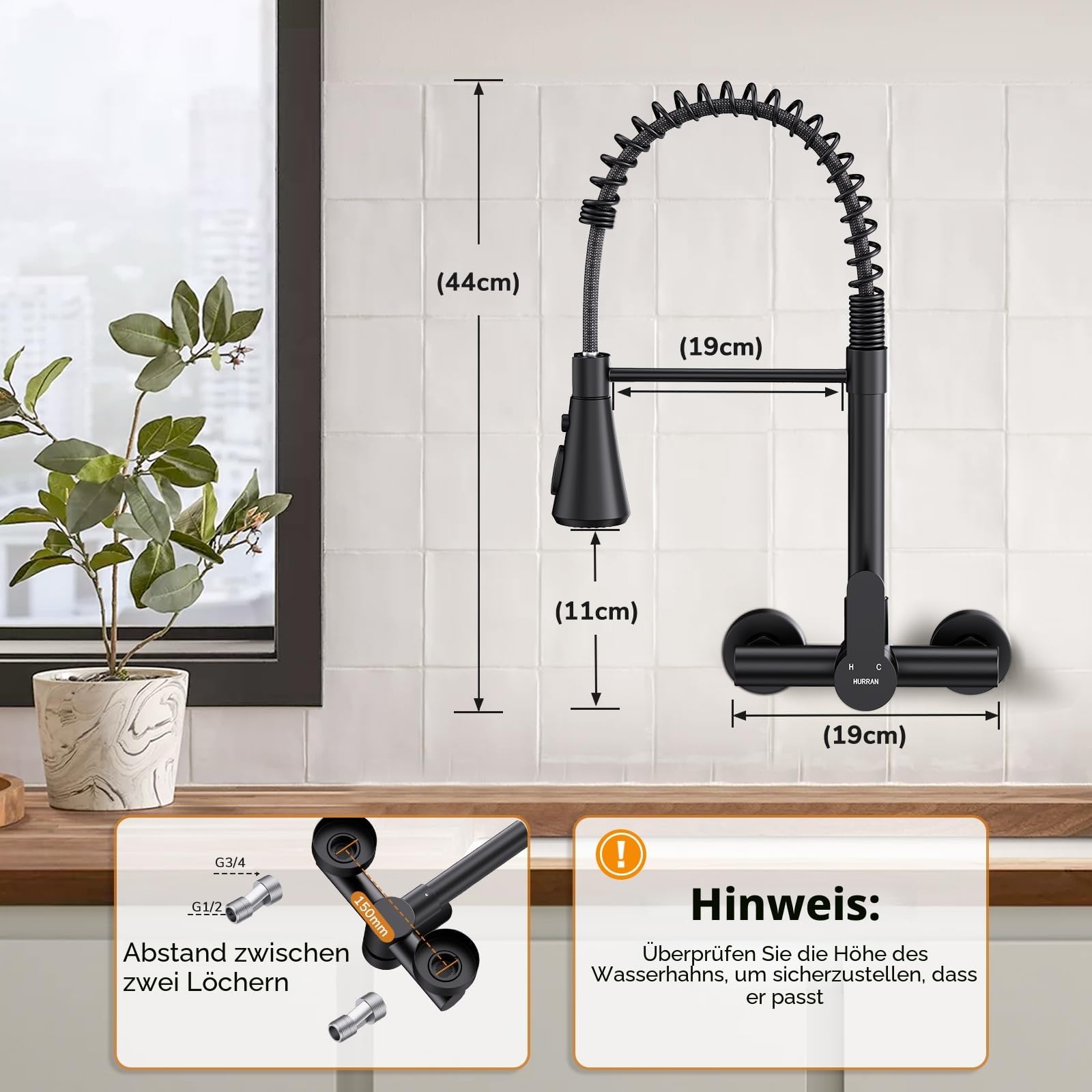 HURRAN Wasserhahn Wandmontage Schwarz Matt | 3 Auslaufarten, 360° Schwenkbarer, Küchenarmatur, Edelstahl