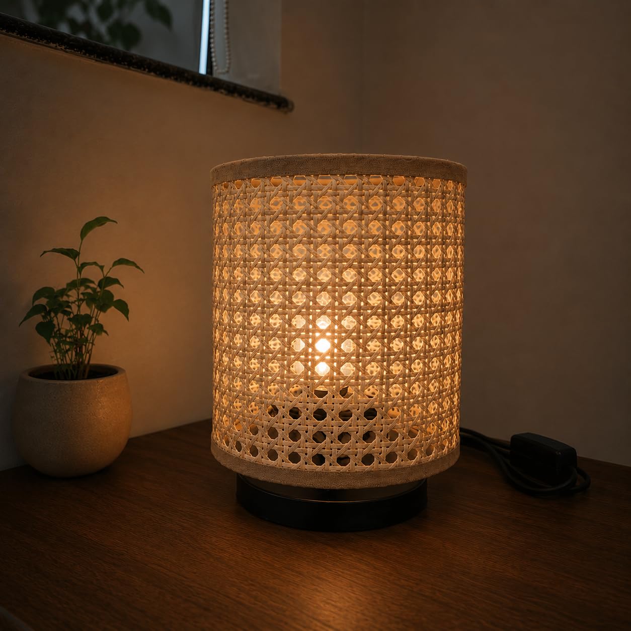 Rattan Woven Table Lamp with Black Metal Base, Boho Style | Cylindrical Shade, Natural Cane Weave, Bedside Desk Lamp, Warm Ambient Light, Corded Electric-image-22