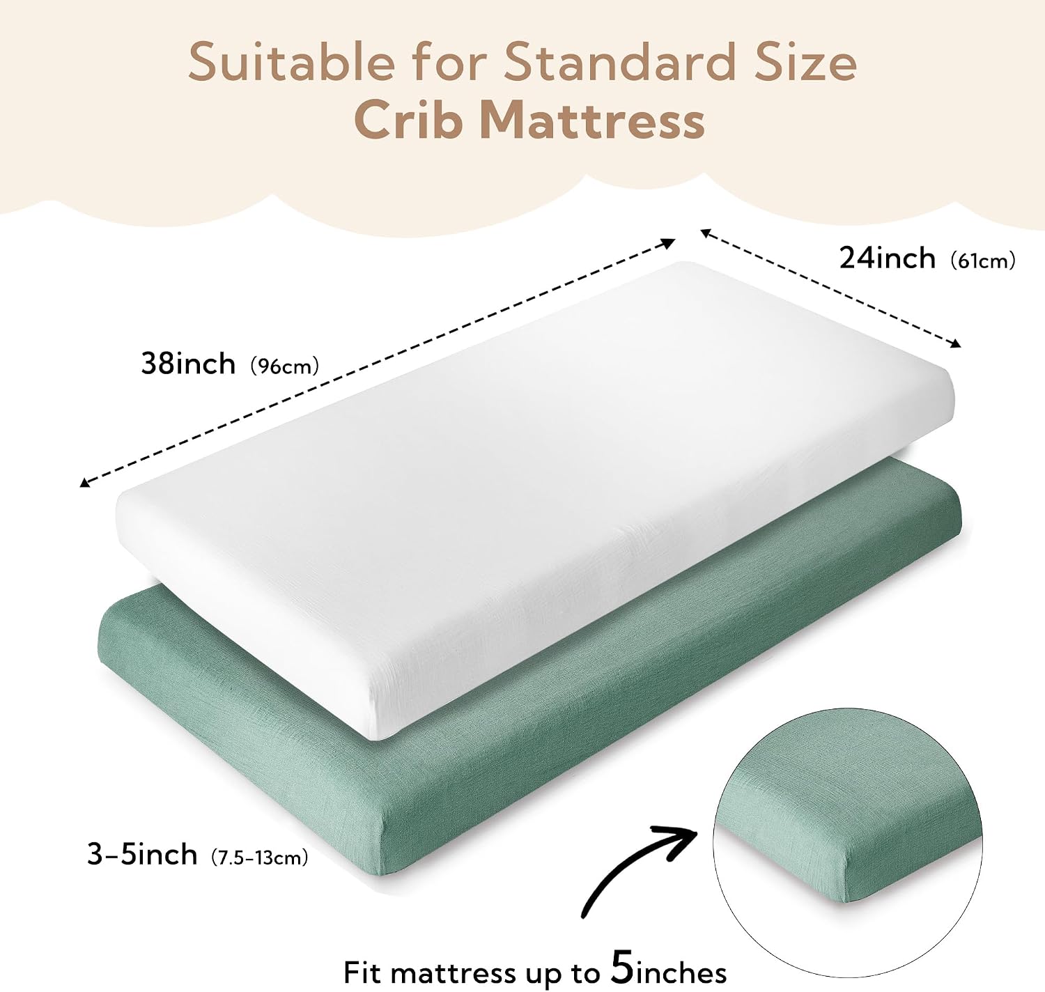 SOULFUL Mini Muslin Crib Sheets for Boys Girls, 2 Pack Soft and Breathable Cotton Fitted Crib Sheets for Standard Crib Mattress (24"x 38", White & Green)