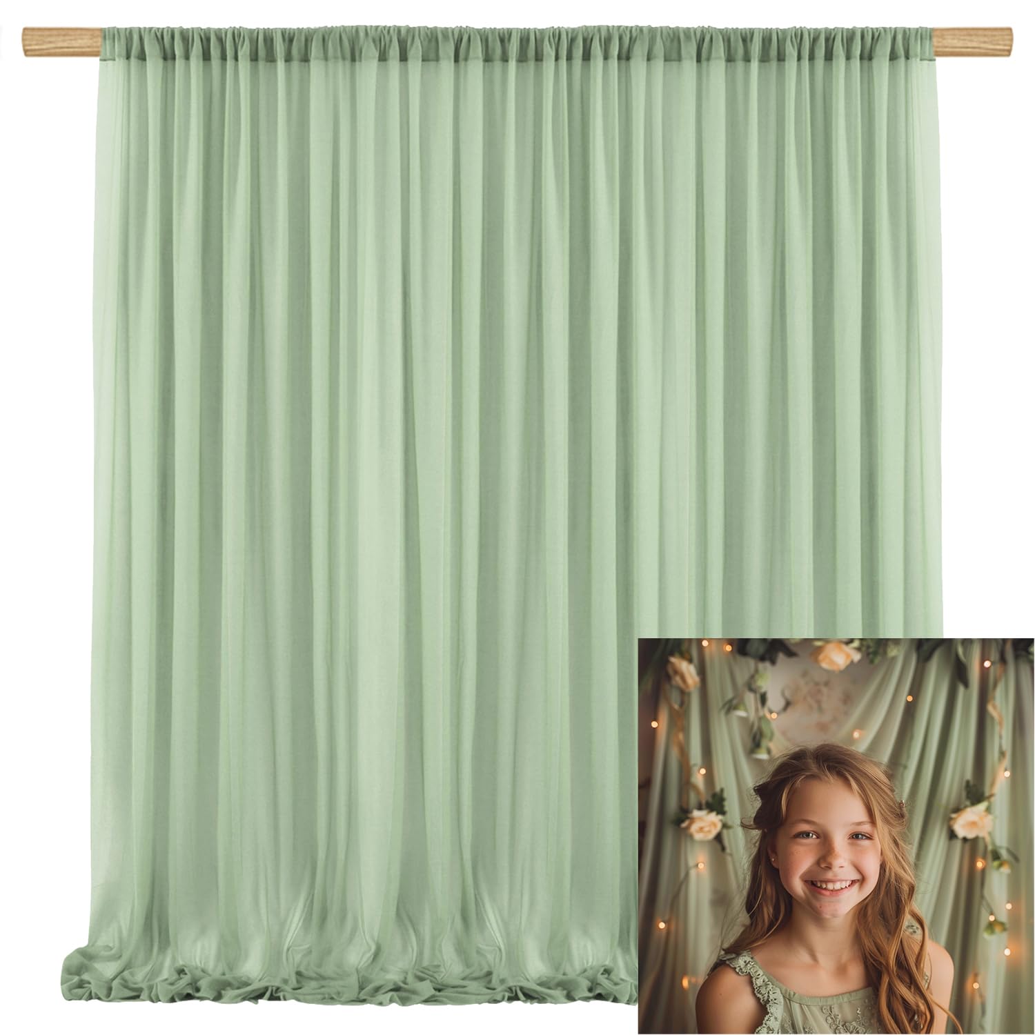 TOAOFY 10x7ft Green Chiffon Backdrop Curtain Wrinkle Free Green Photo Curtains Drapes Fabric Decoration Bridal Shower Baby Shower Birthday Christmas
