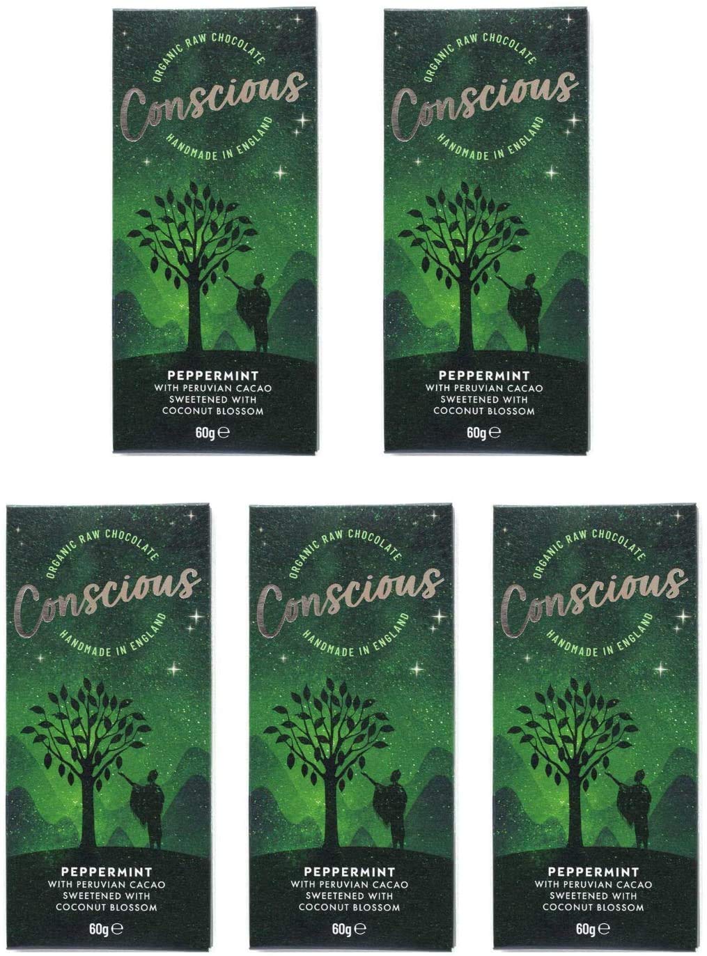 Conscious Chocolate - Peppermint Bundle - 5x60g Mint Flavoured Peruvian Cacao Bars - Handmade, Vegan & Organic