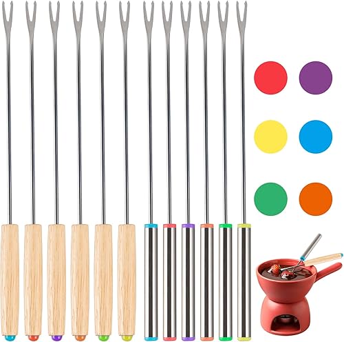 Miniatura 1 de 12 tenedores para fondue de 9.4 pulgadas, de acero inoxidable, mango de madera, para fondue de chocolate, para fondue y queso, malvaviscos, frutas