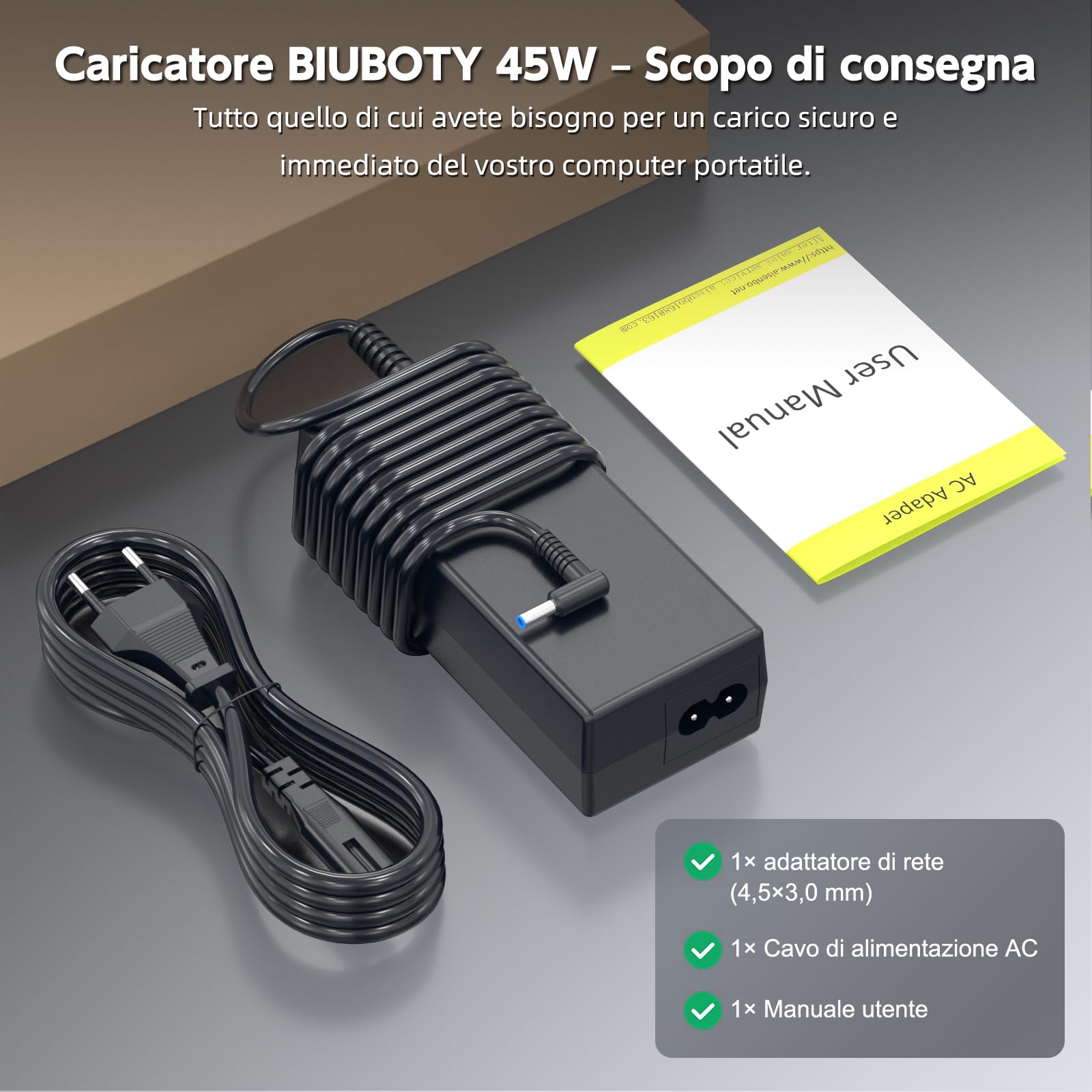BIUBOTY 45W Caricatore PC Portatile 19.5V 2.31A Alimentatore Compatibile con HP Probook 430 440 450 455 Elitebook 840 850 250 255 G3 G4 G5 G6 G7 Pavilion X360 4.5*3.0mm