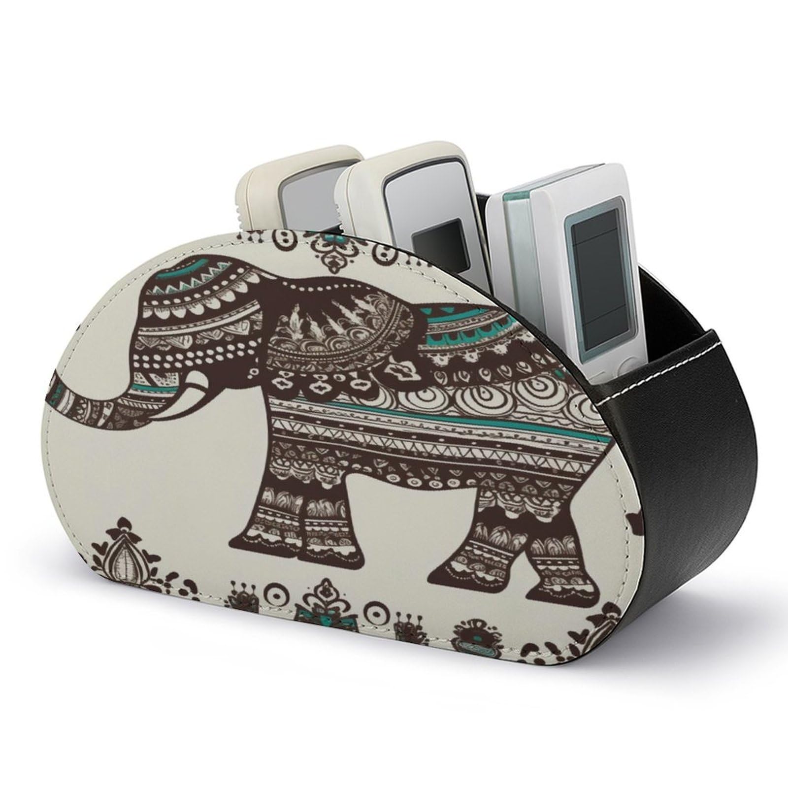 VstaDank Bohemian Elephant Pattern Remote Control Holder with 5 Compartments PU Leather Remote Caddy Desktop Organizer Store TV Remote Control Storage Box for Home Office Desk Nightstand