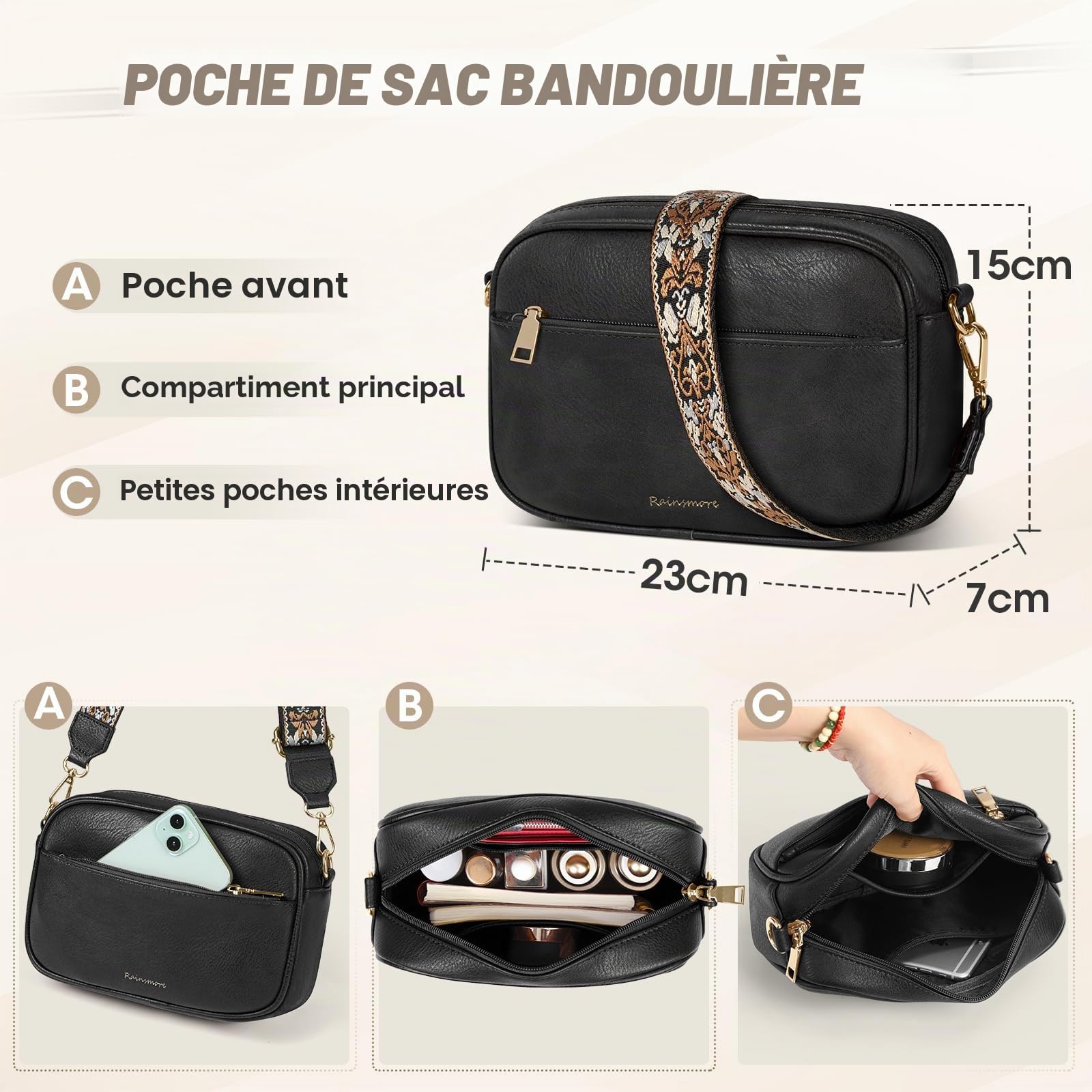 RAINSMORE Sac a Main Femme Sac Bandoulière de 3 Pièces Taille Moyenne | PU Cuir Sacs Portés Main Cabas Fourre Tout pour Université Travail Quotidien