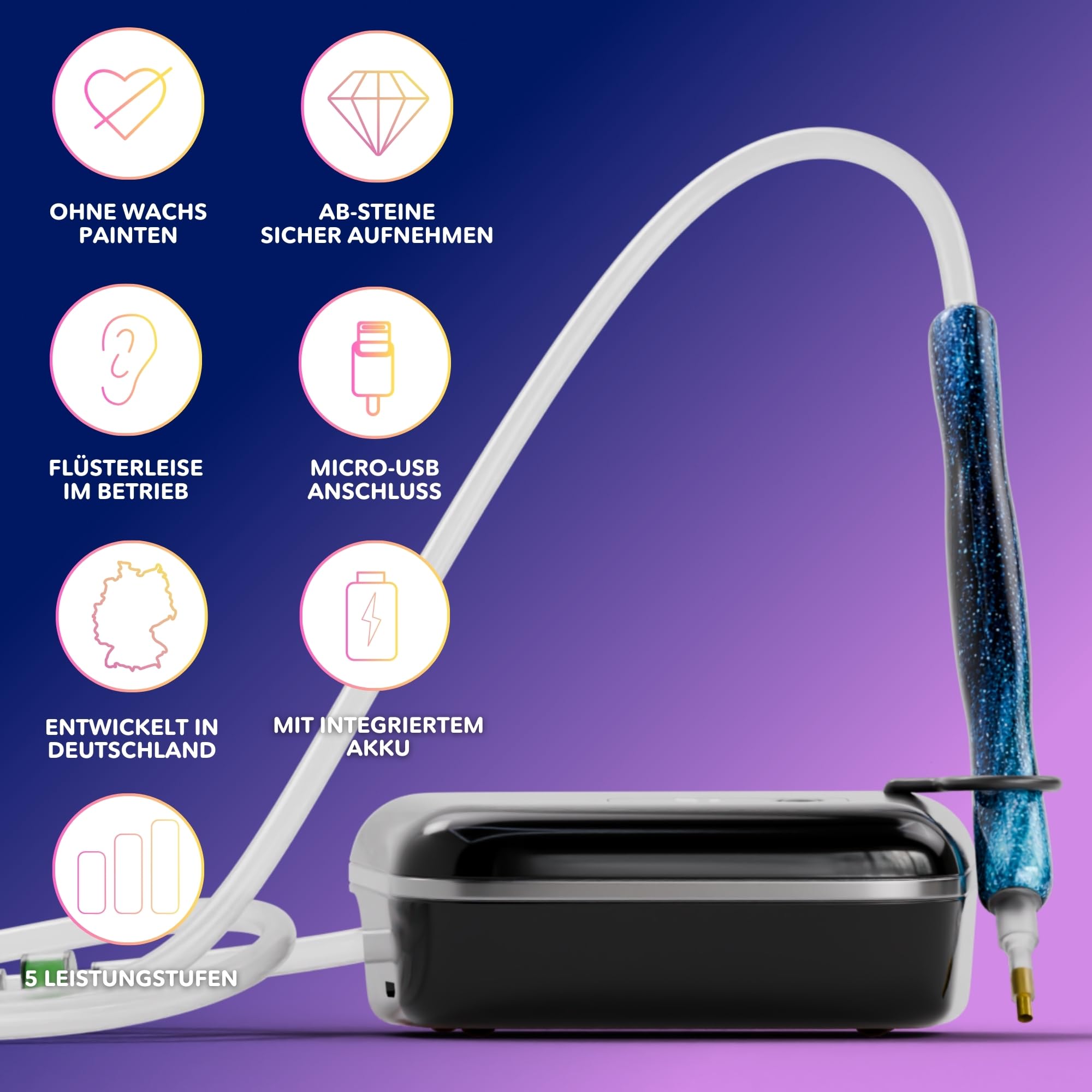 Picmondoo E-Painter 2.0 Black Edition Elektrischer Diamond Painting Stift 5 Leistungsstufen Display kabelloser Akku 11-teiliges Set