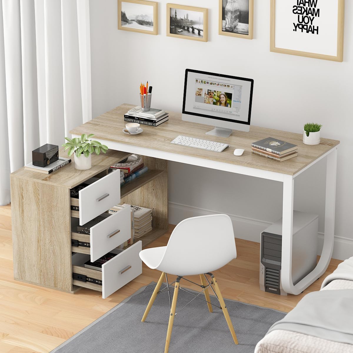 FUFU&GAGA 55.1" Large L-Shaped Office Desk with 41.3" File Cabinet, Corner Computer Desk with 3 Drawers & 2 Shelves, Workstation Executive Desk with Storage Shelf for Home Office - Beige