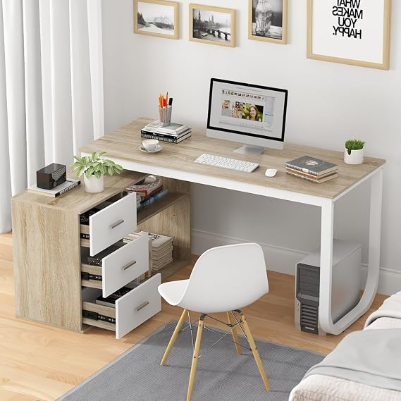 FUFU&GAGA 55.1 Large L-Shaped Office Desk with 41.3 File Cabinet, Corner Computer Desk with 3 Drawers & 2 Shelves, Workstation Executive Desk with Storage Shelf for Home Office - Beige