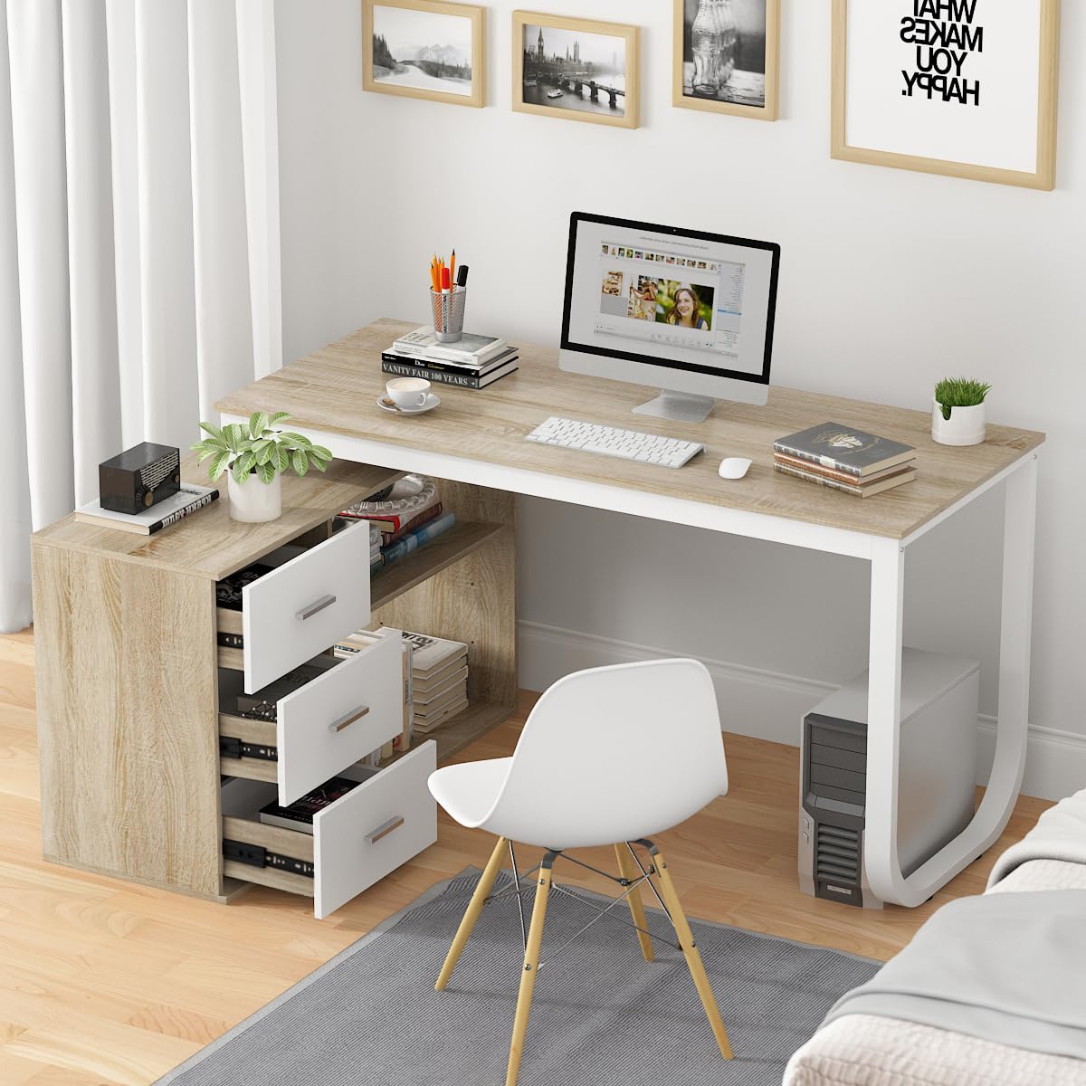 FUFU&GAGA 55.1" Large L-Shaped Office Desk with 41.3" File Cabinet, Corner Computer Desk with 3 Drawers & 2 Shelves, Workstation Executive Desk with Storage Shelf for Home Office - Beige