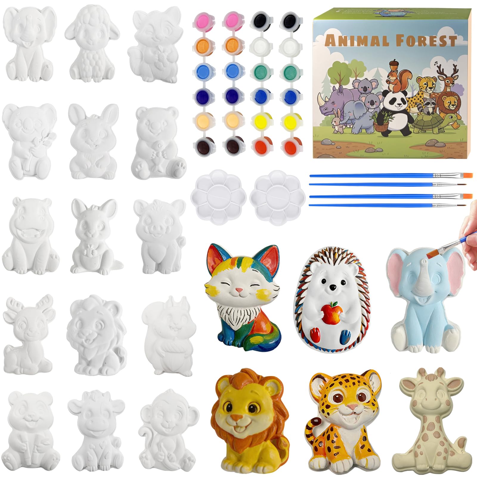 Ptesuply 24 Pcs Paint Your Own Plaster Jungle Animals Painting Kit, DIY Ceramic Arts and Crafts for Kids and Adults, Children Birthday Gift Party Event (Animal)