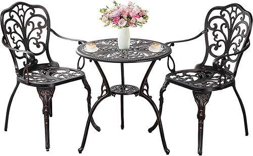 Withniture Juego de 3 piezas de bistrĂł para exteriores, juego de mesa de bistrĂł de aluminio fundido con agujero para paraguas, mesa de bistrĂł Withniture Juego de 3 piezas de bistrĂł para exteriores, juego de mesa de bistrĂł de aluminio fundido con agujero para paraguas, mesa de bistrĂł