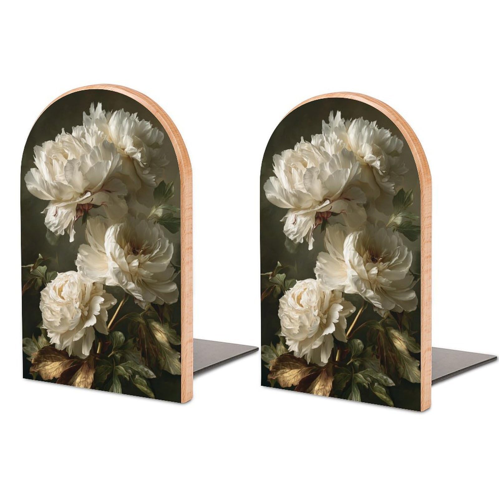 Large White Peonies Wooden Bookends Shelves 2 PCS Sturdy Book Holders Desktop Organizer for Home Office Libraries