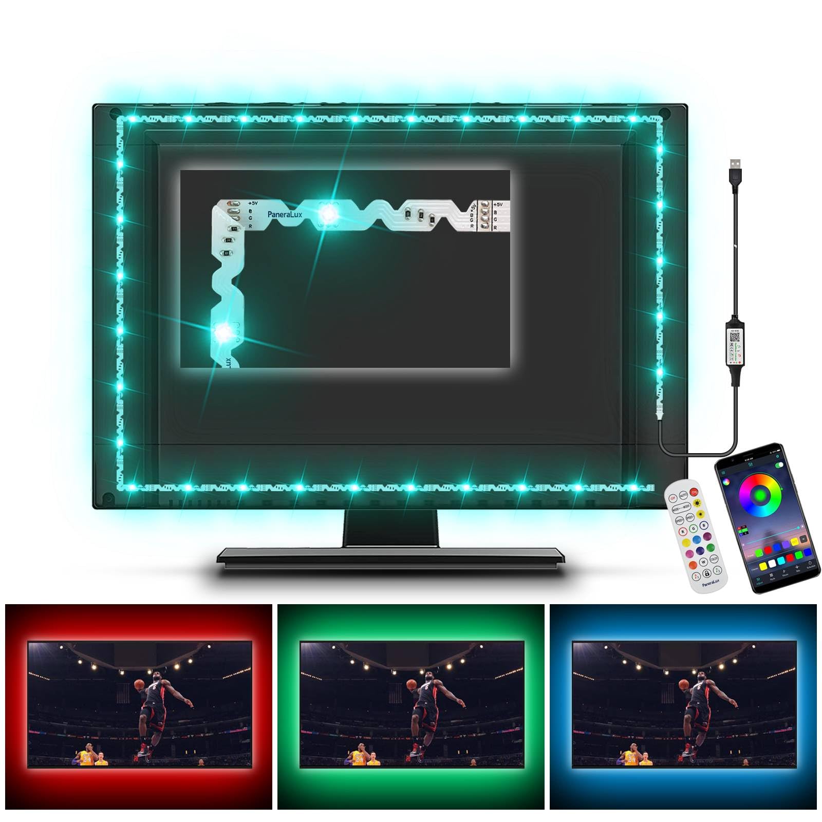 PaneraLux Led Light for TV Backlight, 16.4ft/5m RGB+W Behind TV Bias Lighting,USB Powered Led Strip Lights for HDTV PC Computer,Music Sync & Timer,