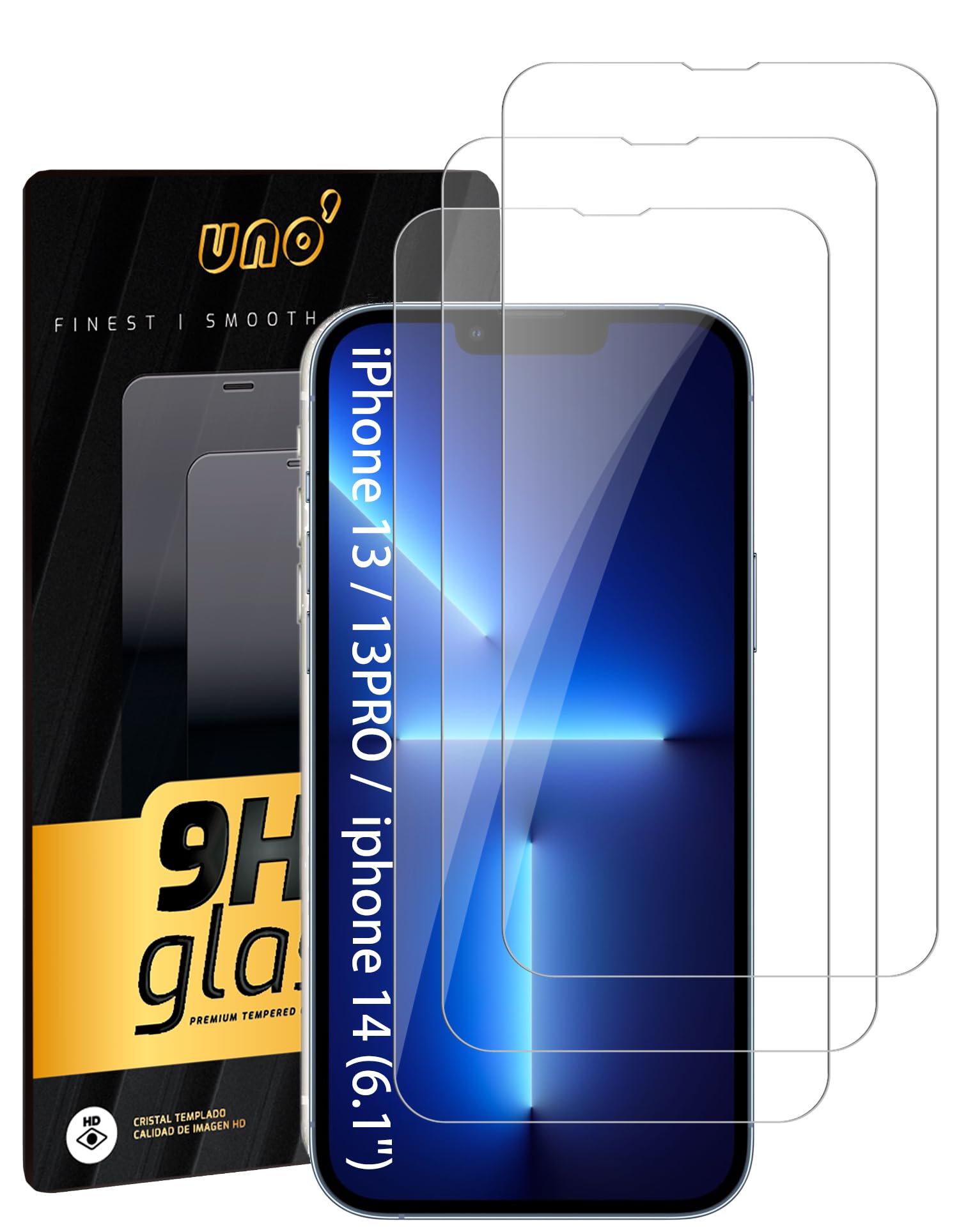 UNO' 3 Piezas Protector Pantalla Para iPhone 13/13 Pro / 14 (6.1"), Cristal Templado 9H HD, Anti-Huellas, Antiarañazos, Compatible con Fundas, Instalación Fácil. (13&14&13pro-3psc-tm)
