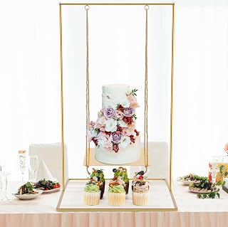 Lallisa Gold Metal Swing Cake Stand 2.8 Feet Tall Hanging Dessert Display Centerpiece with Jute Rope Floating Cake Stand for Wedding Birthday Anniversary Baby Shower Party Supplies Decorations
