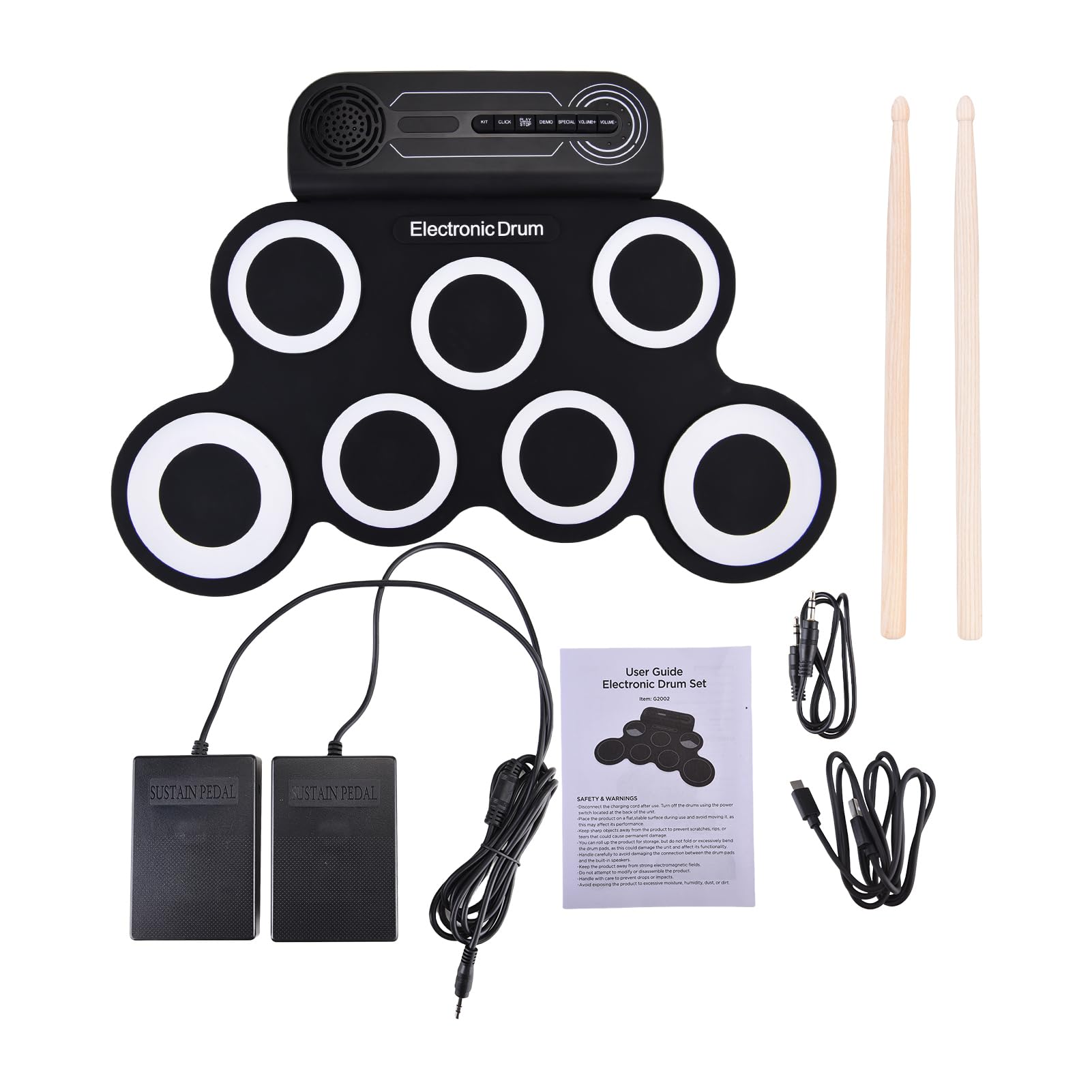 Walmeck Tambor de Escritorio Portátil Altavoz Rollo de Mano 7 Almohadillas Práctica de Silicona Kit de Tambor para Almohadillas para Principiantes Recargables (En y negro)