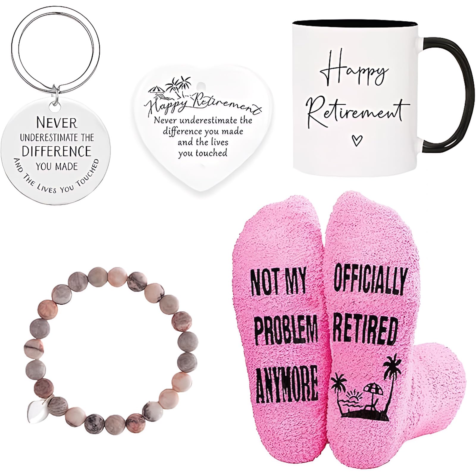 Retirement Gifts for Women Novelty Gift Water Bottle Keychain Bracelet Car Tag Socks for Retired Colleagues Friends and Family