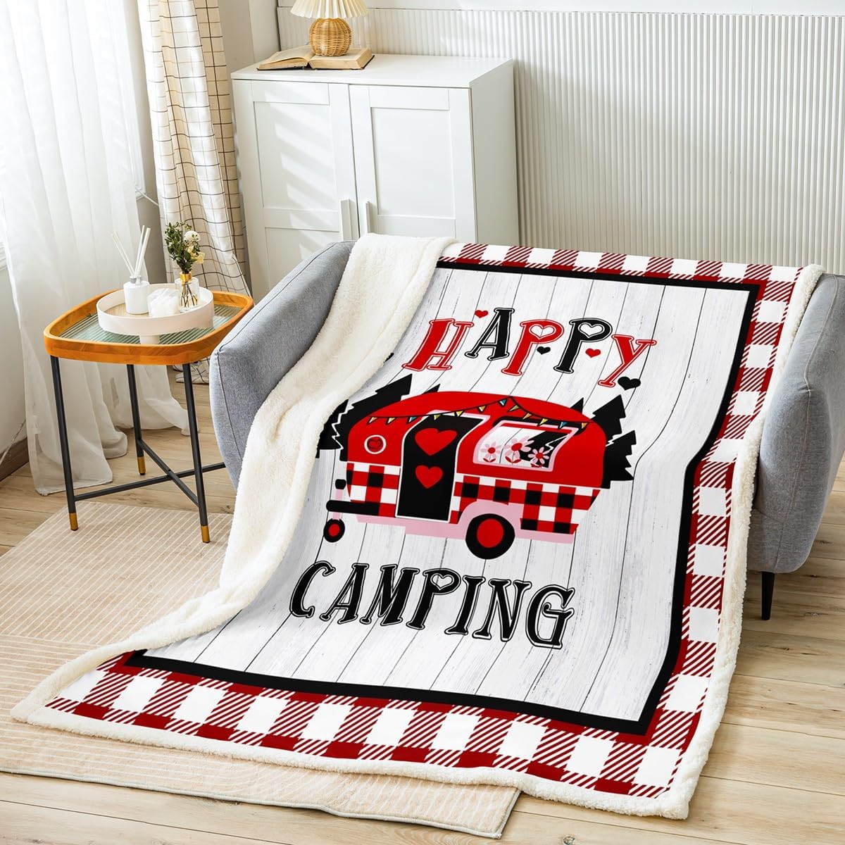 Feelyou Happy Camping Fleece Throw Blanket 40"x50" Kids RV Camping Plush Blanket for Bed Sofa Couch Boys Girls Teens Western Farmhouse Sherpa Blanket Wooden Fuzzy Blanket Buffalo Check Quilt Cover