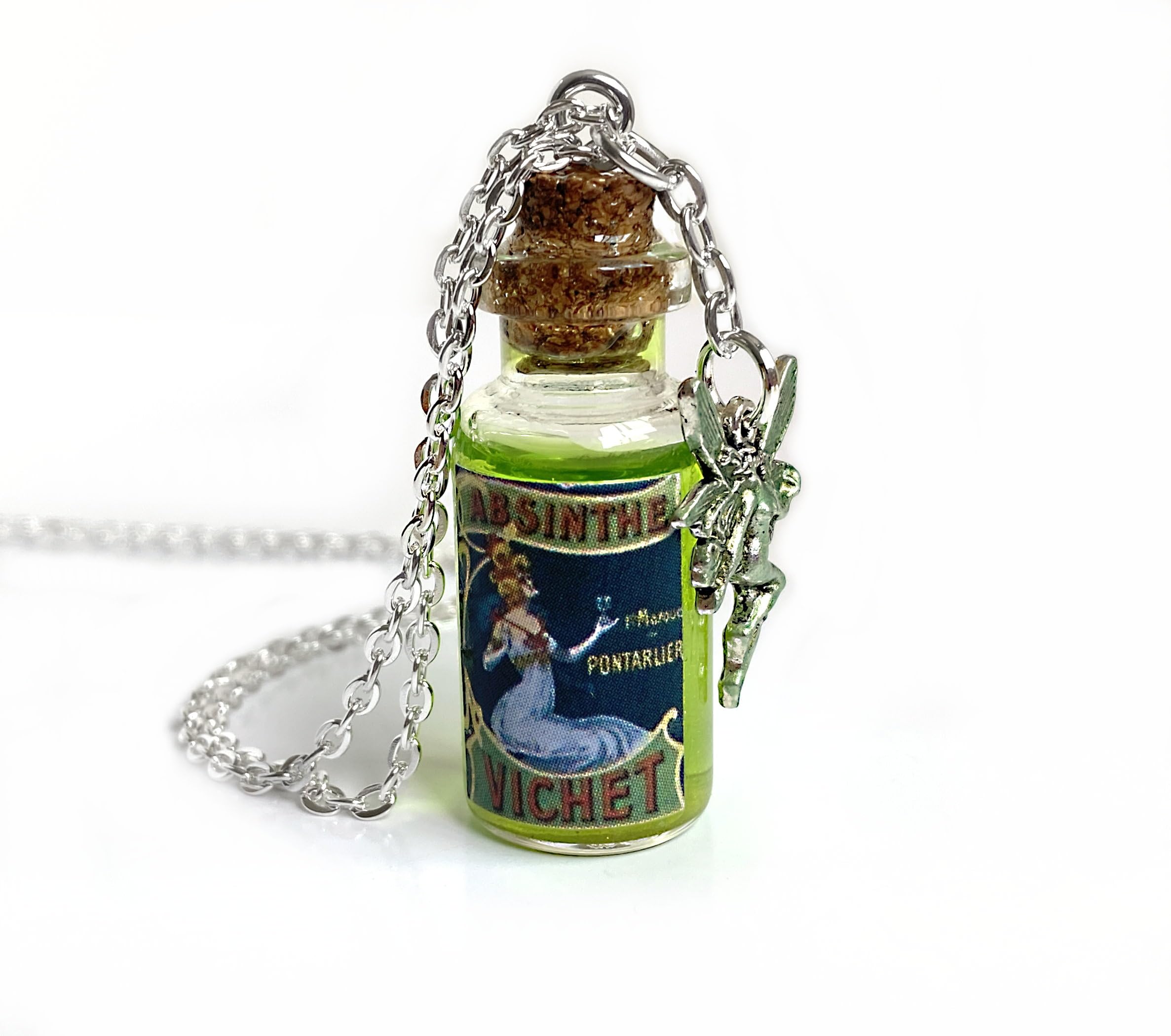 Mini Antique Replica Absinthe Glass Bottle Necklace with Green Fairy Charm - Miniature Potion with Shimmer Liquid - Halloween Jewelry, 1.75 x .6 inch