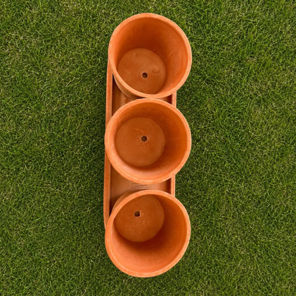 Palatina Werkstatt Kräutertopf Trio Terracotta mit Tablett 48x16x13 cm – 3 Kräutertöpfe Ø15 cm für Küche, Balkon & Garten, Pflanztopf Set für frische Kräuter innen und außen