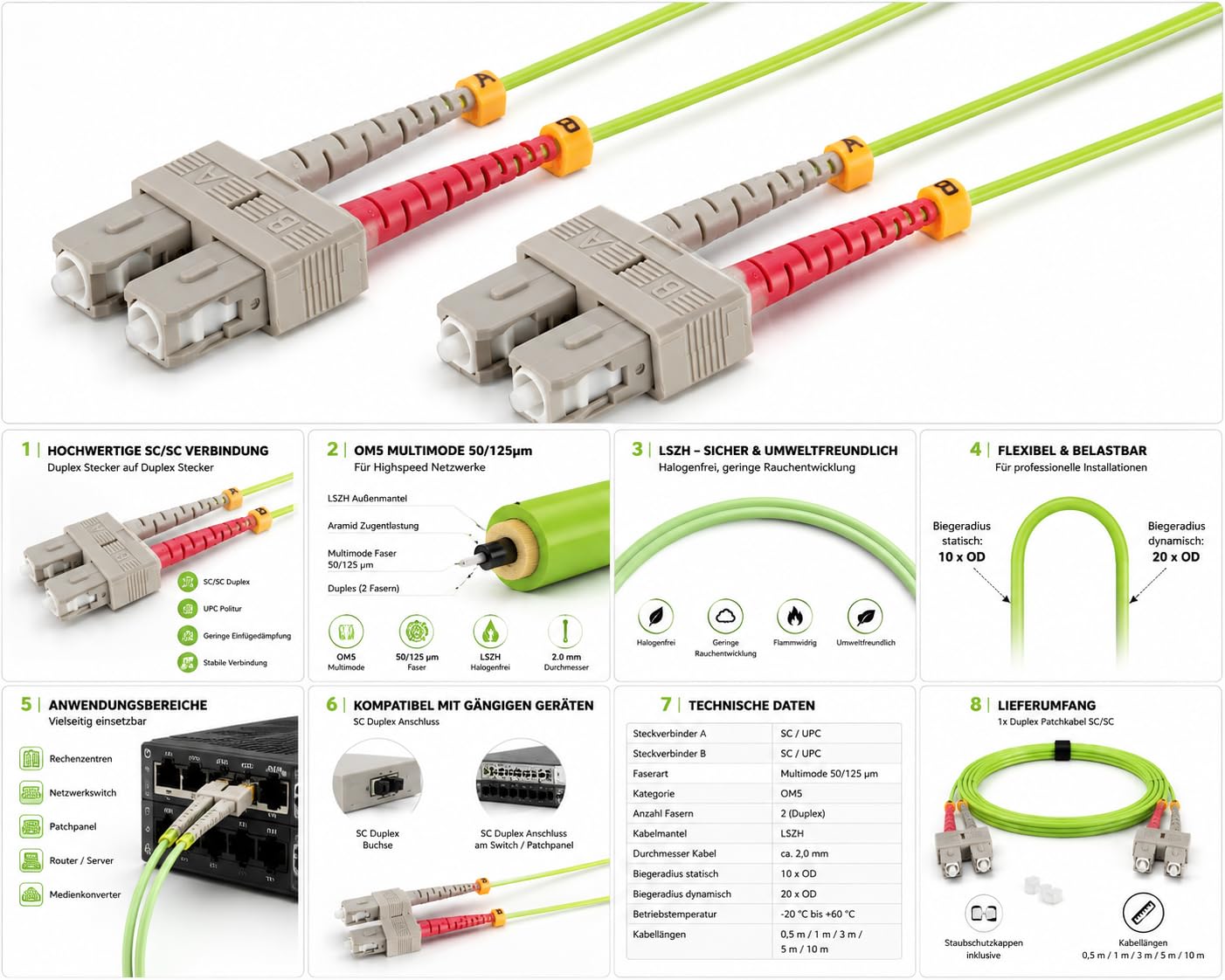 1 câble de brassage duplex OM5 LWL DX de 30 m, SC/UPC - SC/UPC MM multimode - 50/125 µm LSZH vert citron