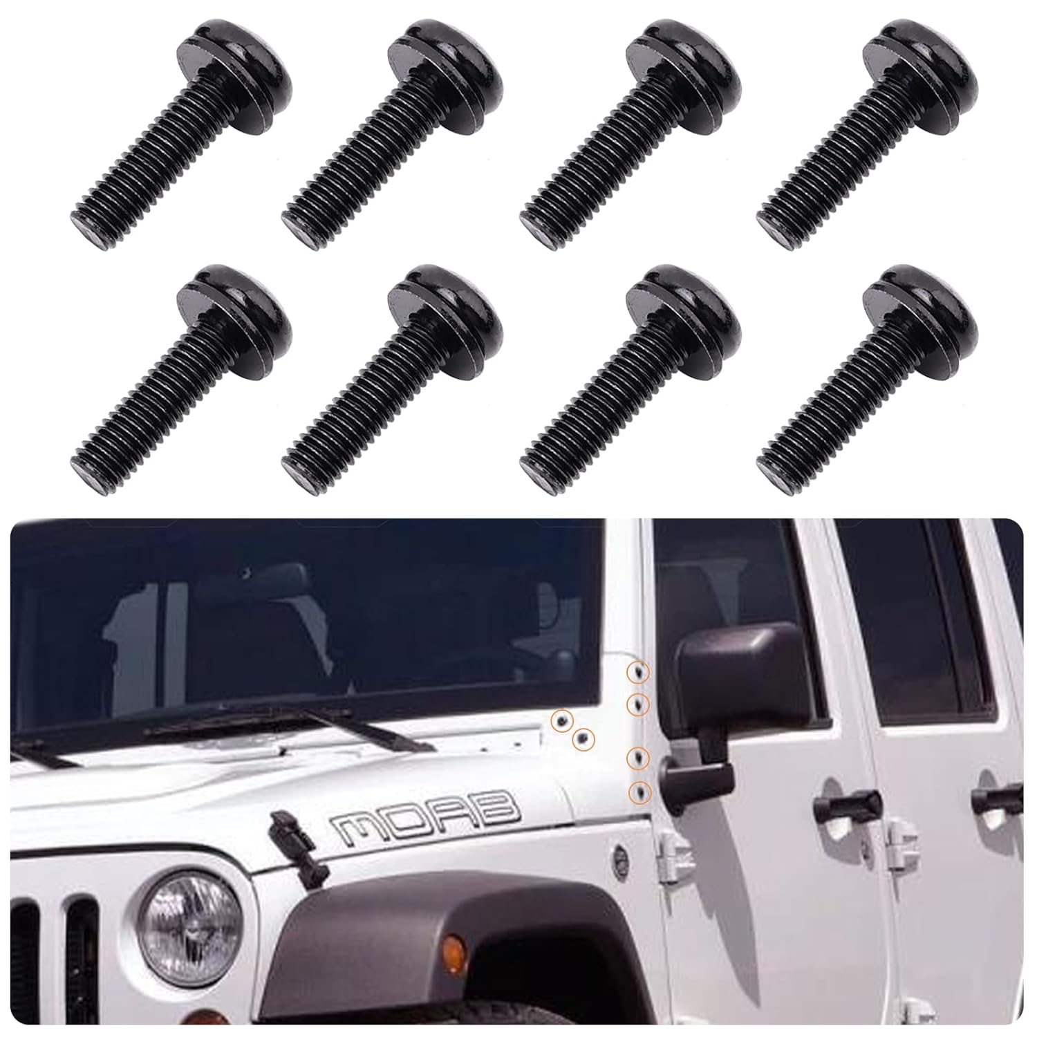 Jeep Wrangler JK Screws Bolts M8 x 1.25 Hardtop Bolts for Windshield Frame, Headlight, Hard Door Hinges, Tail Light, LED Light Brackets, Roll Bar,8 PC Jeep Bolt