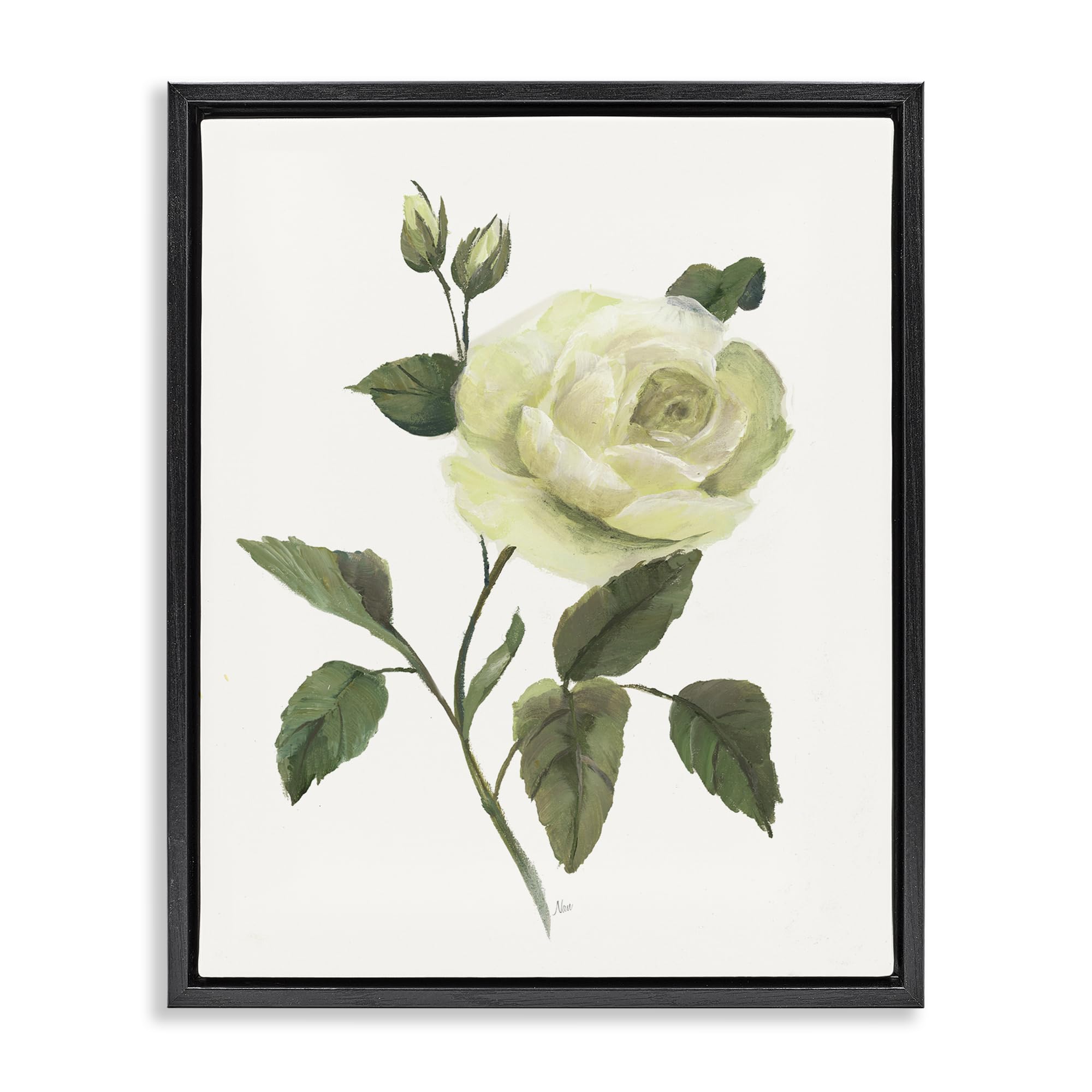 Stupell Industries Jet Black (Matte) 'Cream Garden Rose With Buds'| Floating Frame Canvas Art