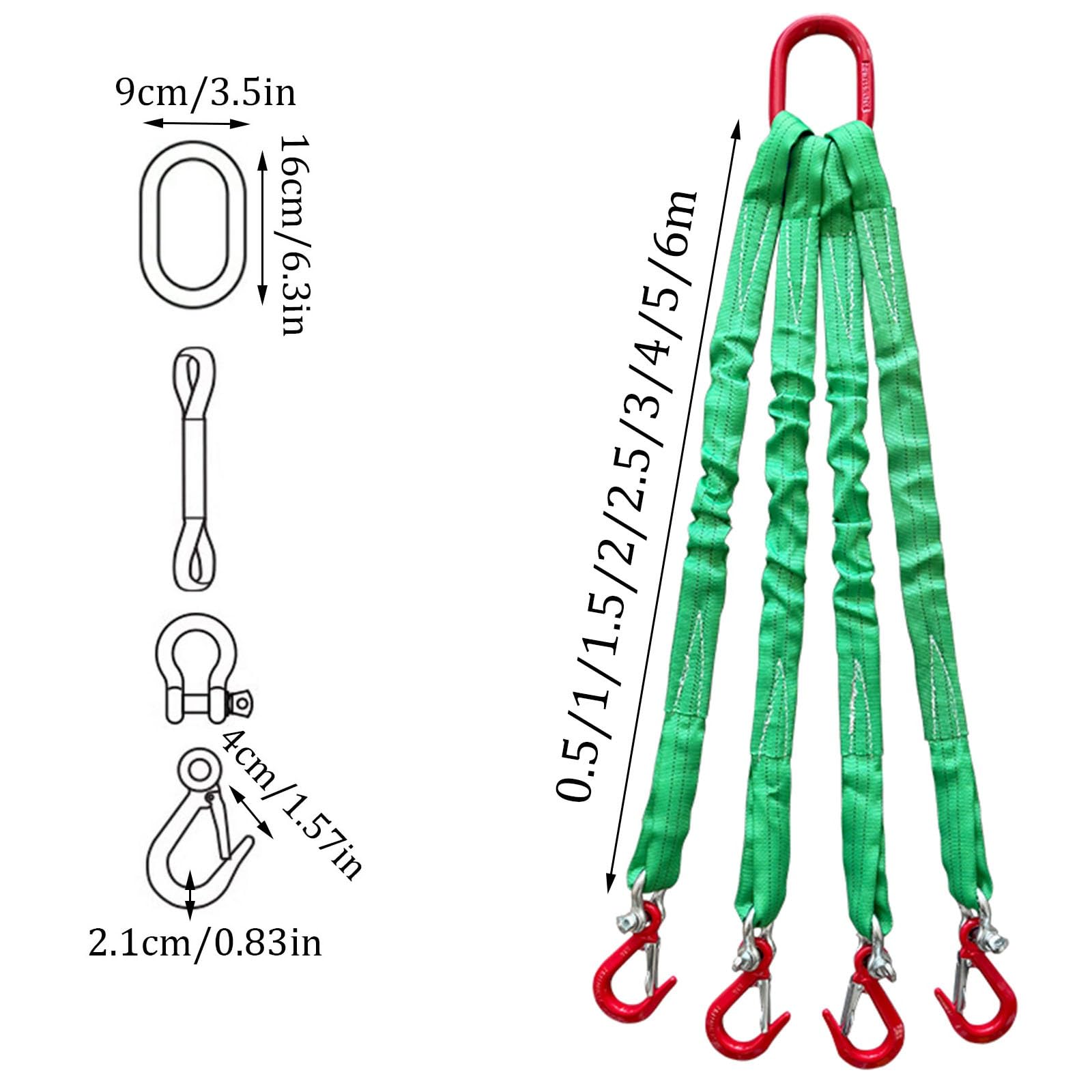 Hebebänder mit Haken, 4-strängiges Gurtgehänge (13.220 lbs / 6.000 kg) mit G80-Legierungsstahlhaken und Ring – für sicheres Heben und Schleppen, Grün(1m)