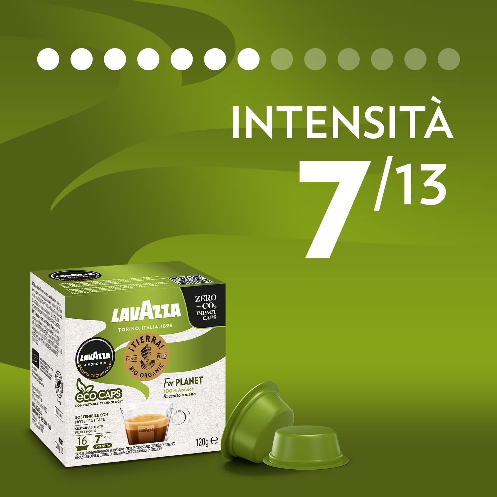 Lavazza, A Modo Mio Machine à café Tiny Eco Vert avec 64 capsules ¡Tierra! Assorties, Machine à expresso en plastique recyclé, 1450 W, 220-240 V, 50/60 Hz, 0,6 litre