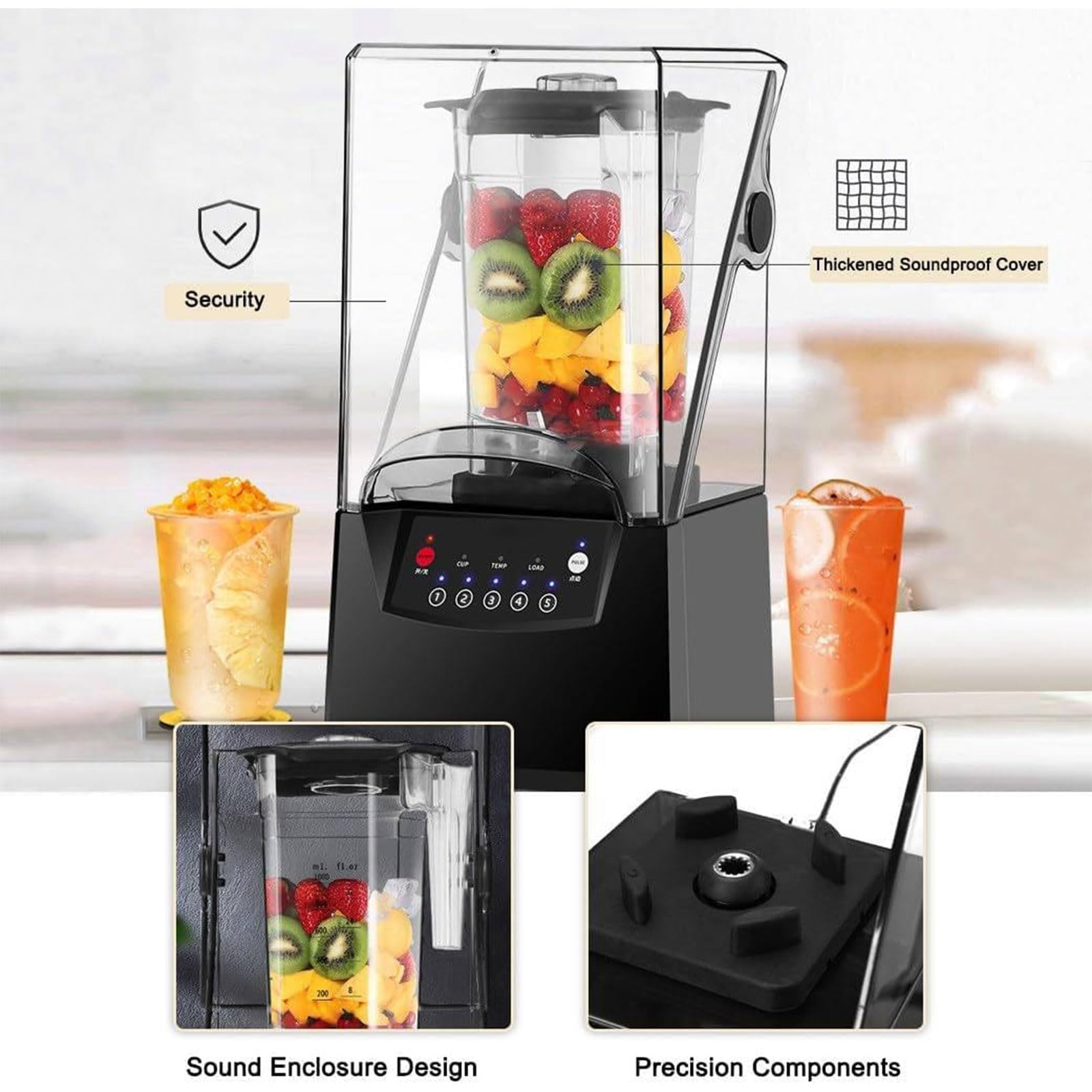 Cichy Komercyjny Blender Z Dźwiękoszczelną Osłoną 2 L, Cicha Maszyna Do Gotowania Z Pękniętą Ścianą Z 5 Zaprogramowanymi Ustawieniami, Ciche Profesjonalne Blendery Blender Do Lodu Do Koktajli