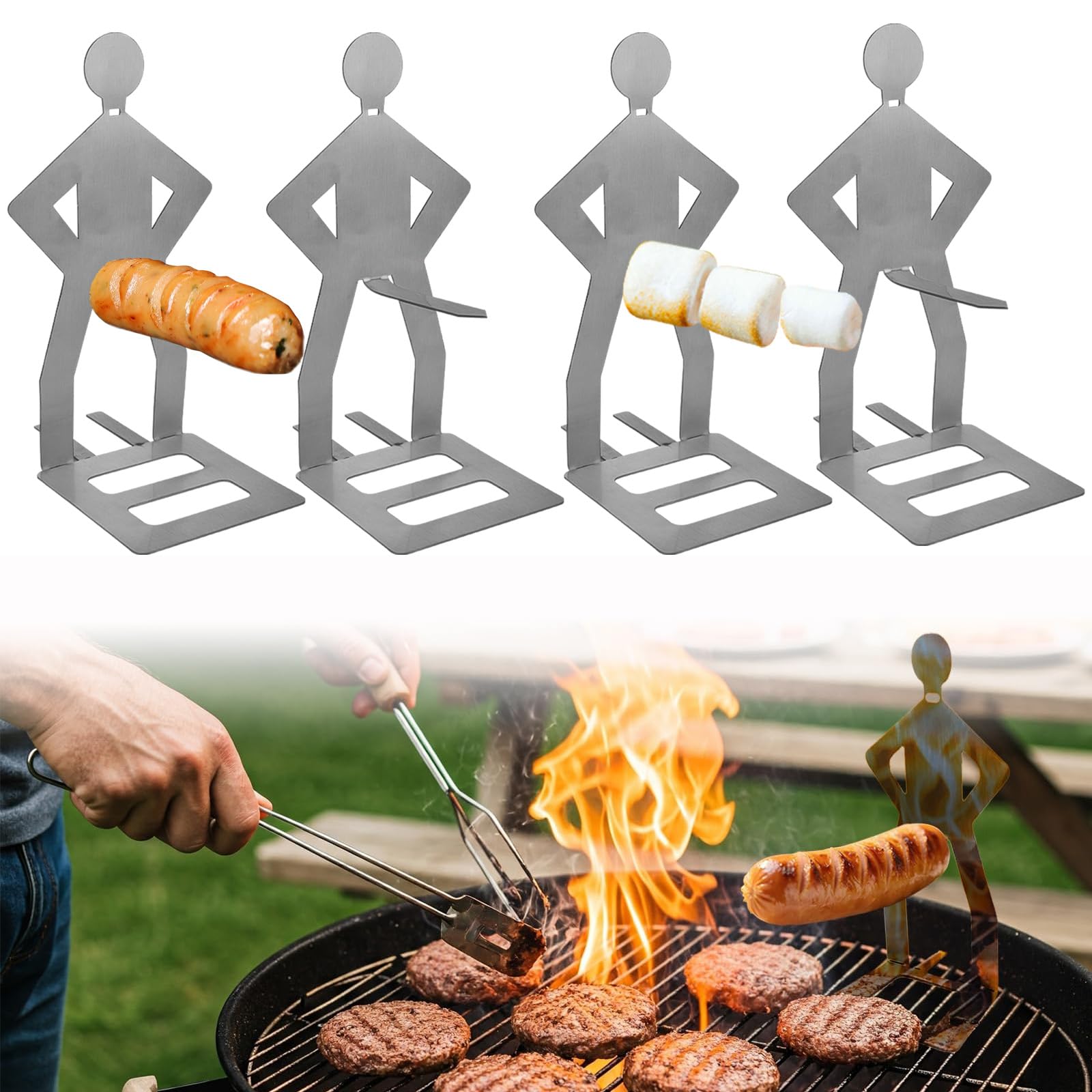 4PCS Fun Stainless Steel BBQ Sausage Holder, Funny BBQ Gifts Camping Gadgets for Men, Portable BBQ Tools for Camping, Outdoor Picnic, Garden, Kitchen