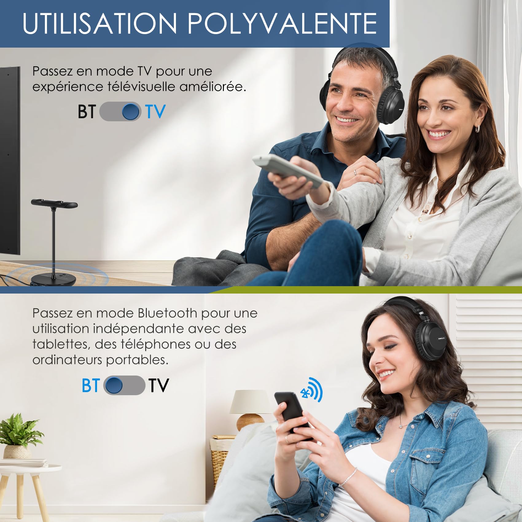 SIMOLIO Double Casque TV sans Fil, Mode TV/Bluetooth, Clarté des Dialogues
